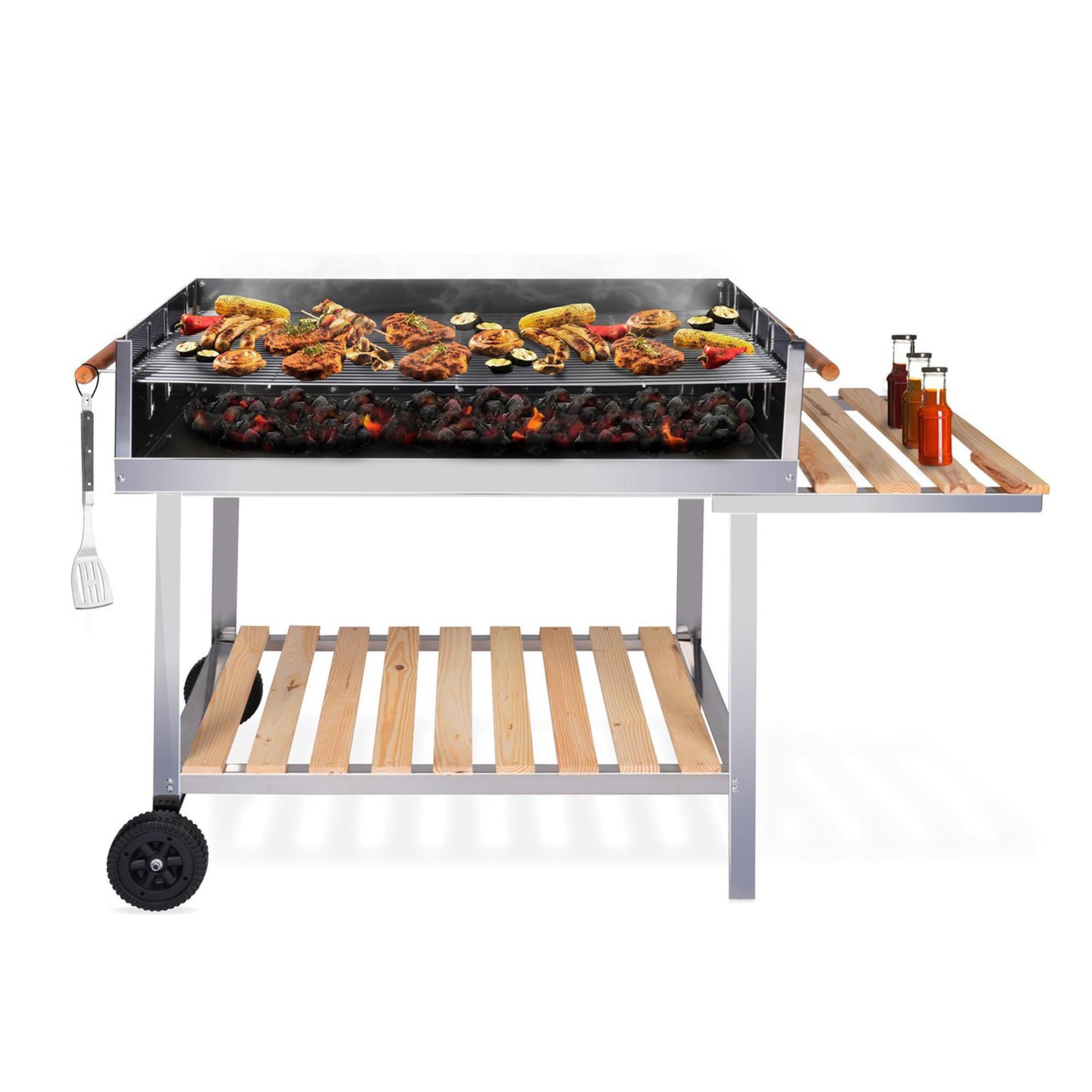 BBQ Collection Barbecue à Charbon de Bois Grande Taille - Grille avec Roues - Barbecue Bois 2 Grilles - 98 x 56 x 85 cm - Fumoir Jardin