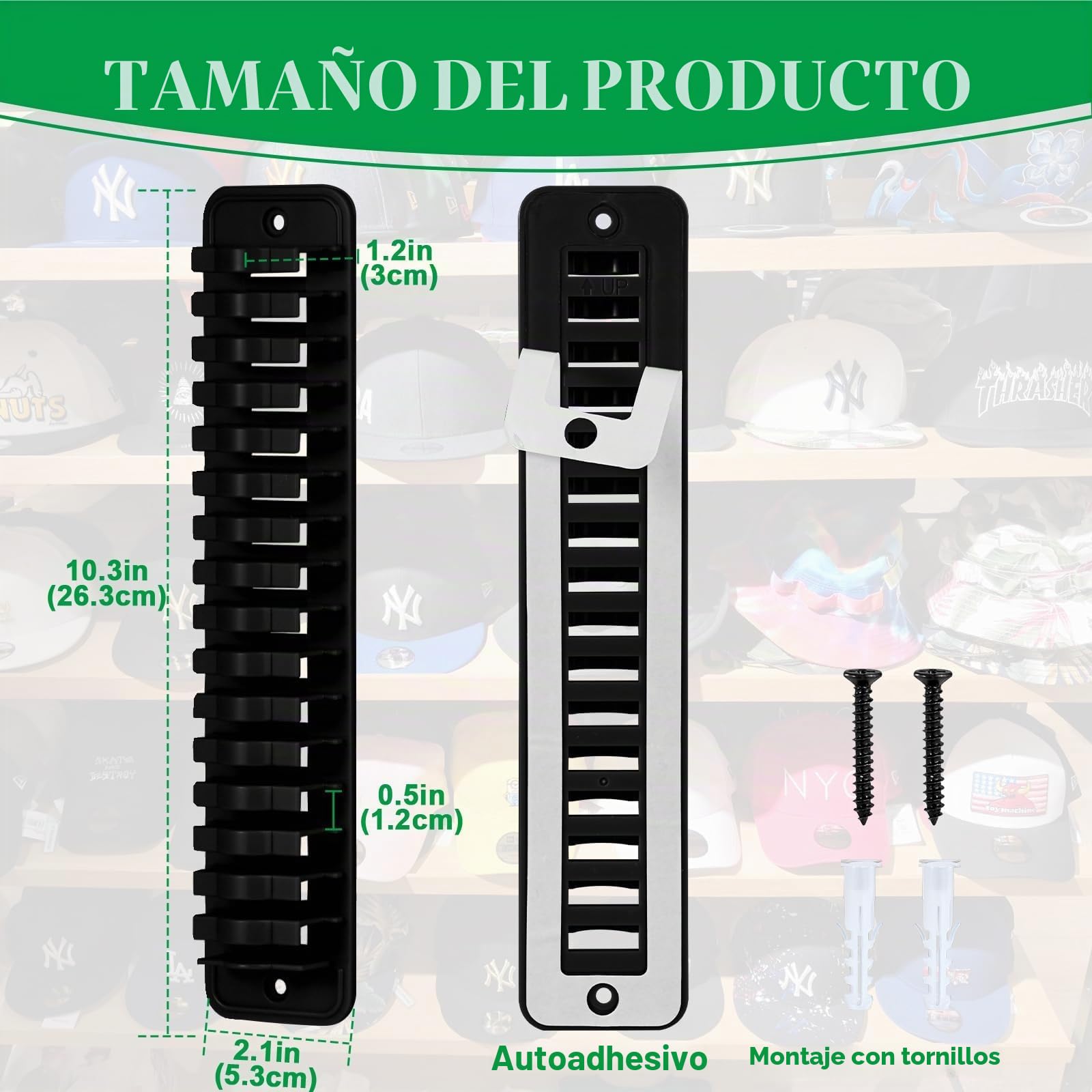 Perchero Organizador de Gorras para Pared o Puerta - 1 Paquete con Capacidad para 16 Unidades - Instalación con Gancho Adhesivo o Taladro, Negro