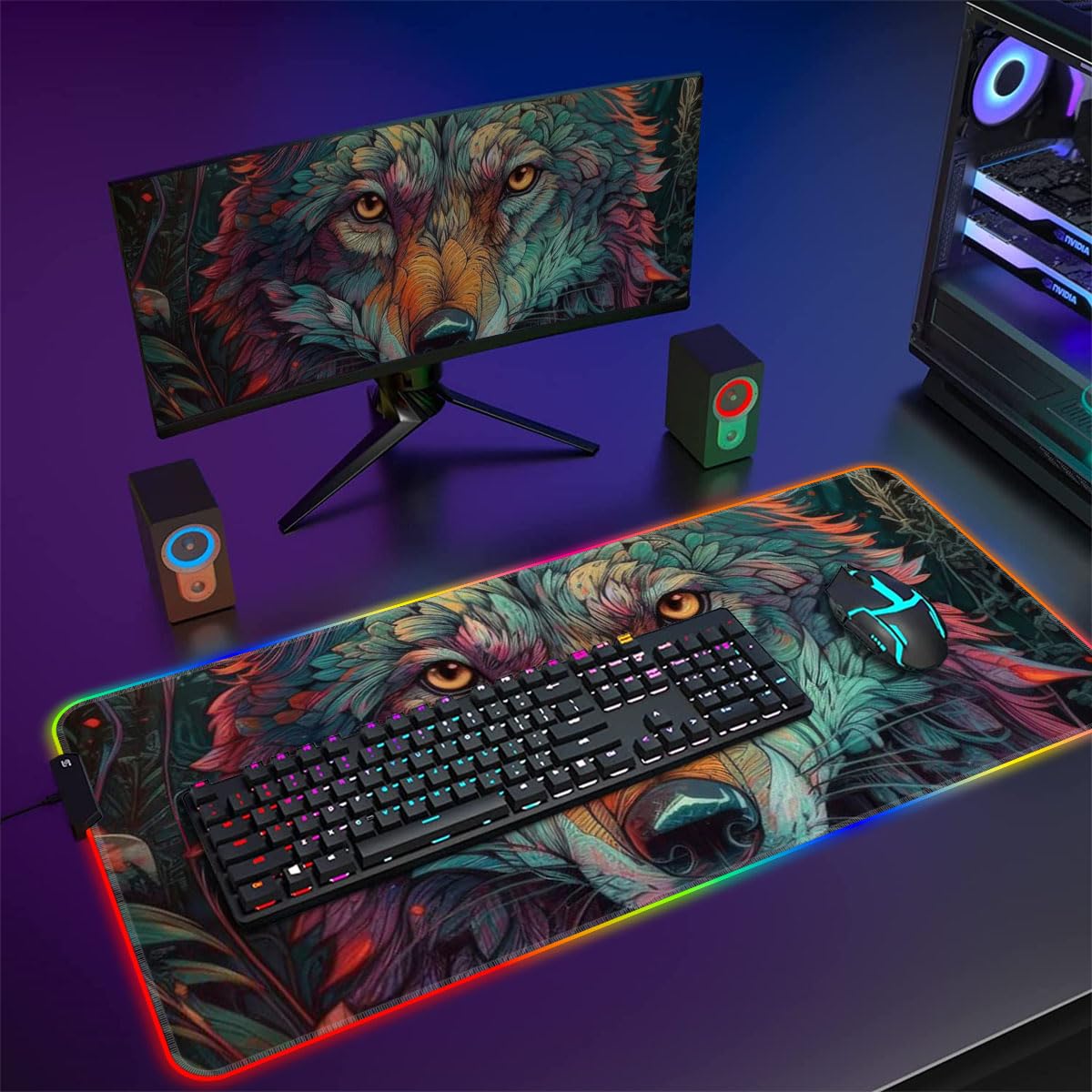Tastaturmatte für den Desktop, abstrakter Wolf, ROG-Mauspad, LED-Mauspad, Gaming, große Schreibtischunterlage (60 x 35 x 0,3) cm, genähte Kanten, Mauspad für Büro-Gaming