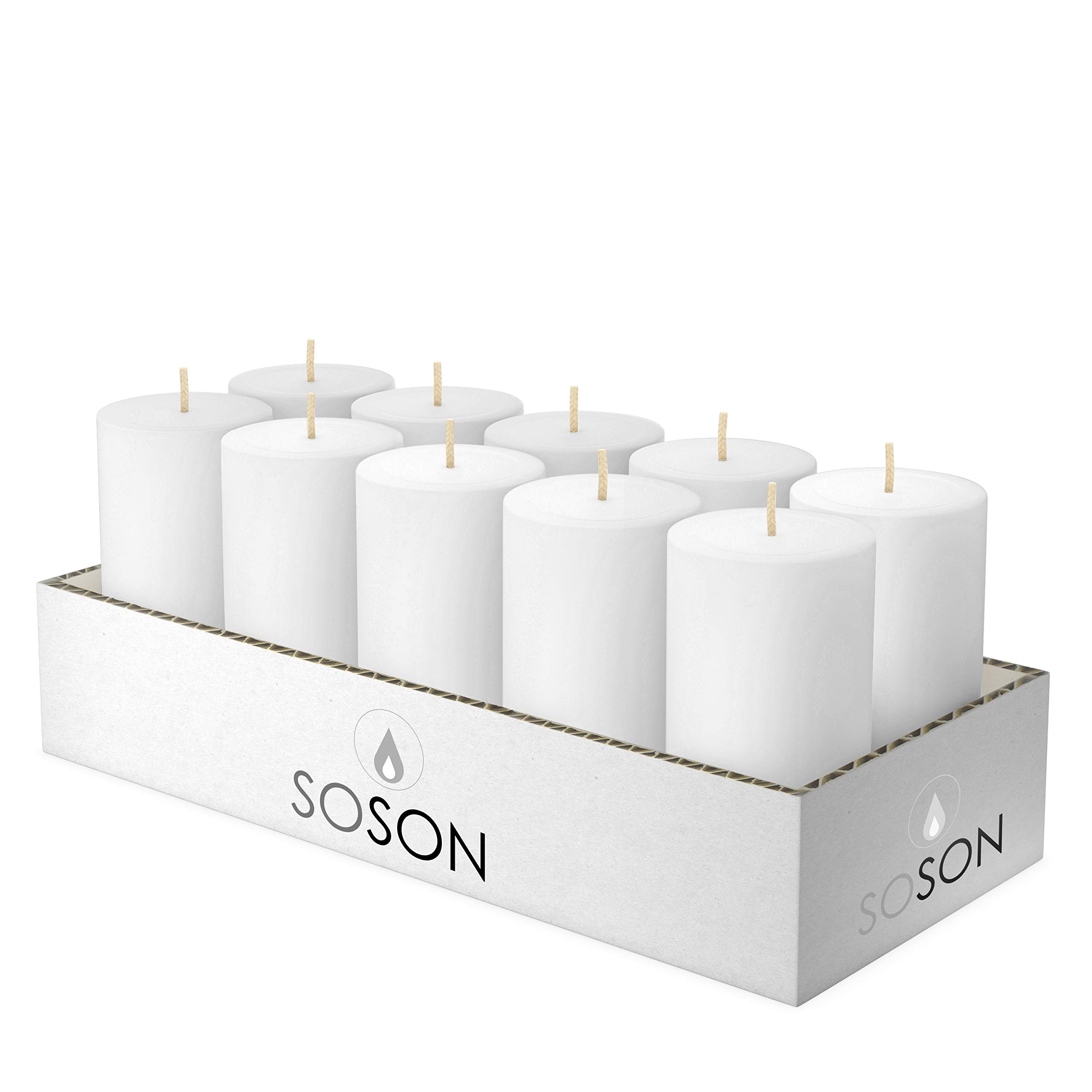 Simply Soson 2x4 inch White Pillar Candles Set of 10, Smooth Texture, Unscented White Candles, Dripless Candles, 2 inch Pillar Candles Ideal as Wedding, Parties, Spas, Dinner, Home Decoration