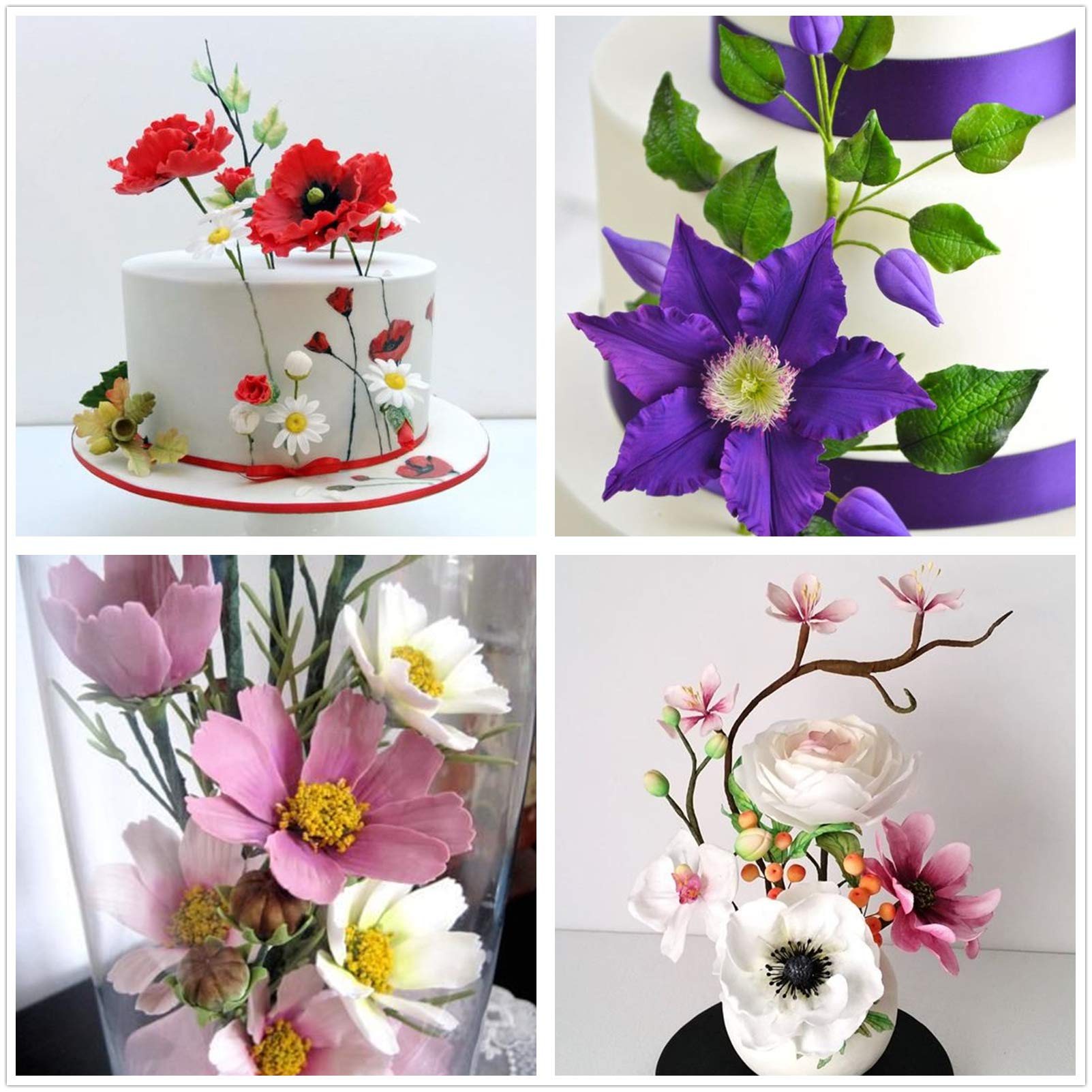 Juego de 6 moldes de flores de pasta de goma y 6 cortadores de flores de pasta de goma, kit de herramientas de fondant, juego de cortador de galletas de acero inoxidable, molde de veteado de silicona 7