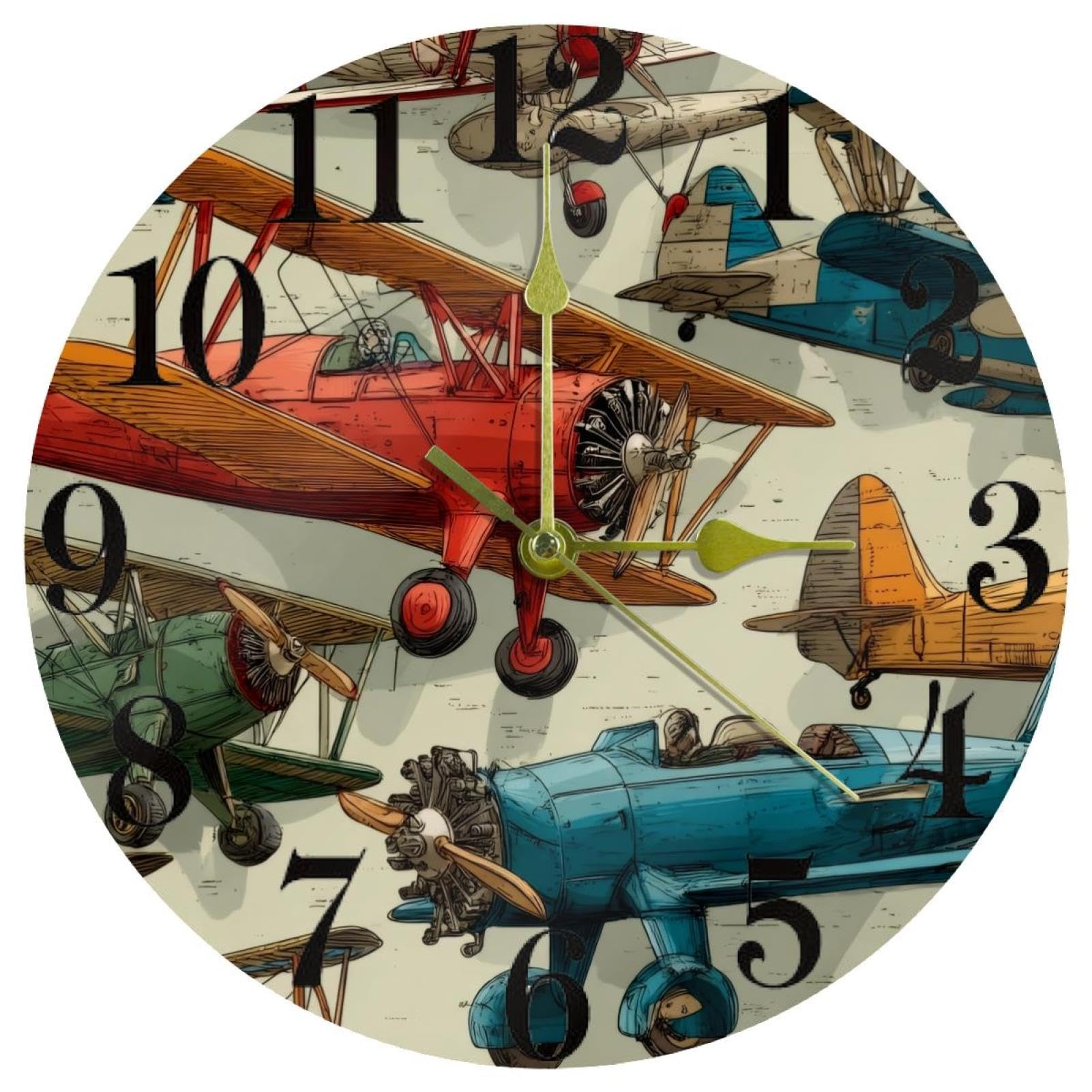 Horloge murale avions anciens silencieuse à quartz pour chambre enfant