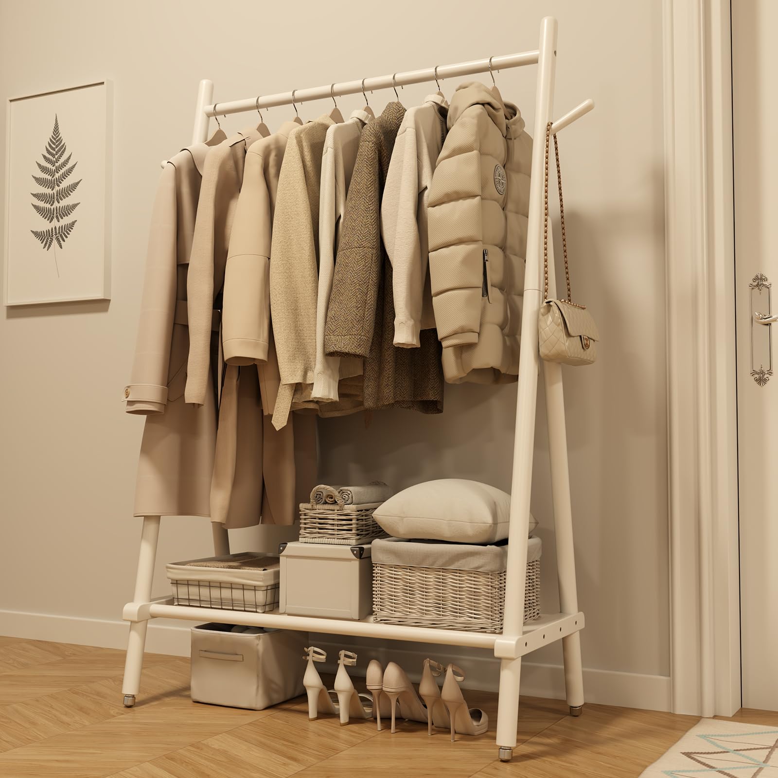 AQIMUELE Clothes Rail, Clothes Rack with Shelf and Hook, Sturdy and Portable, Garment Rack for Hanging Clothes, Coats, Skirts, Shoes, Bags for Bedroom Entryway, Easy to Assemble (White - Portable)