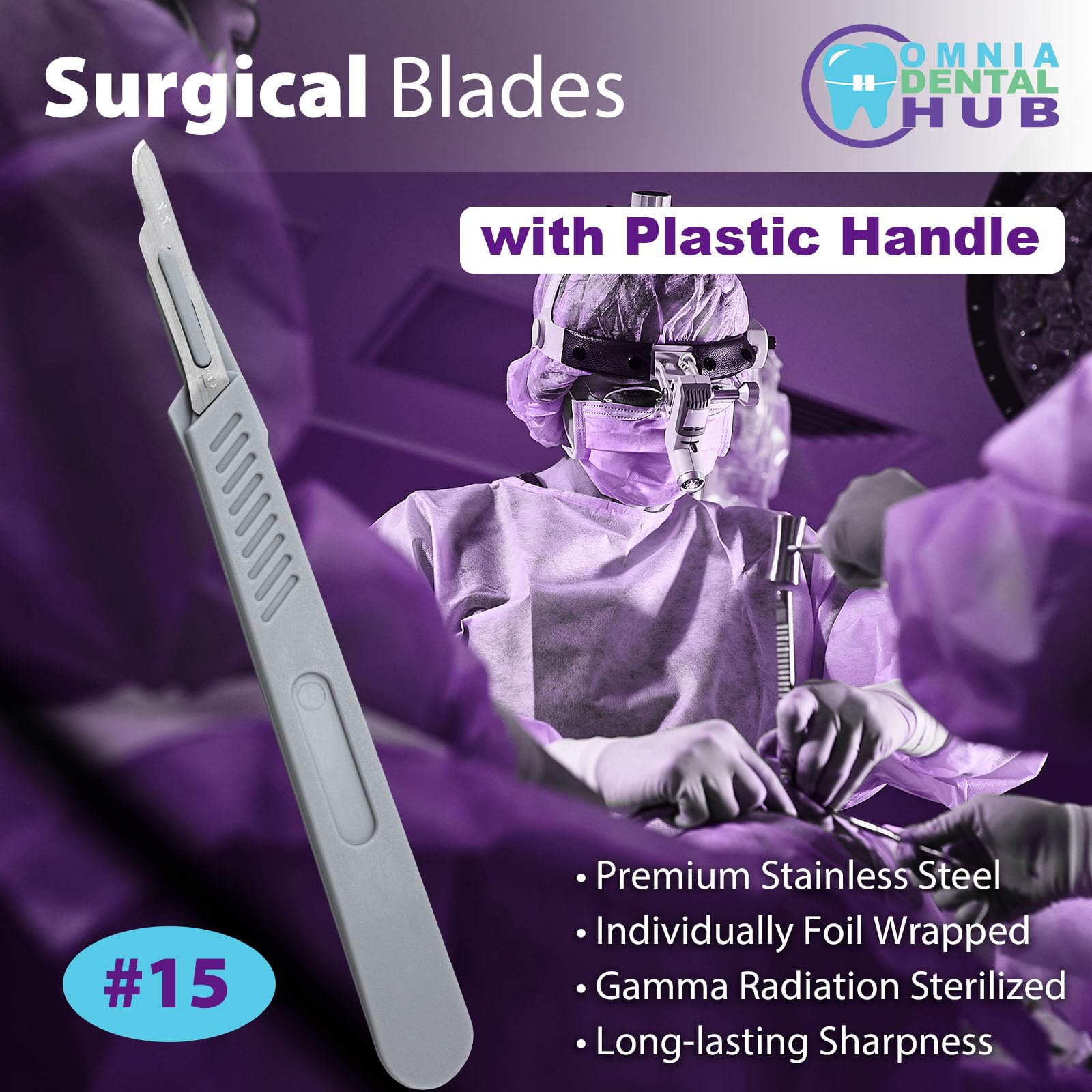 40PCs Dental Grade #15 Surgical Sterile Stainless Steel Blades with Disposable Scalpels by Omnia ONE | Plastic Handle | Individually Wrapped High Stainless Steel Dermablade Surgical Blade