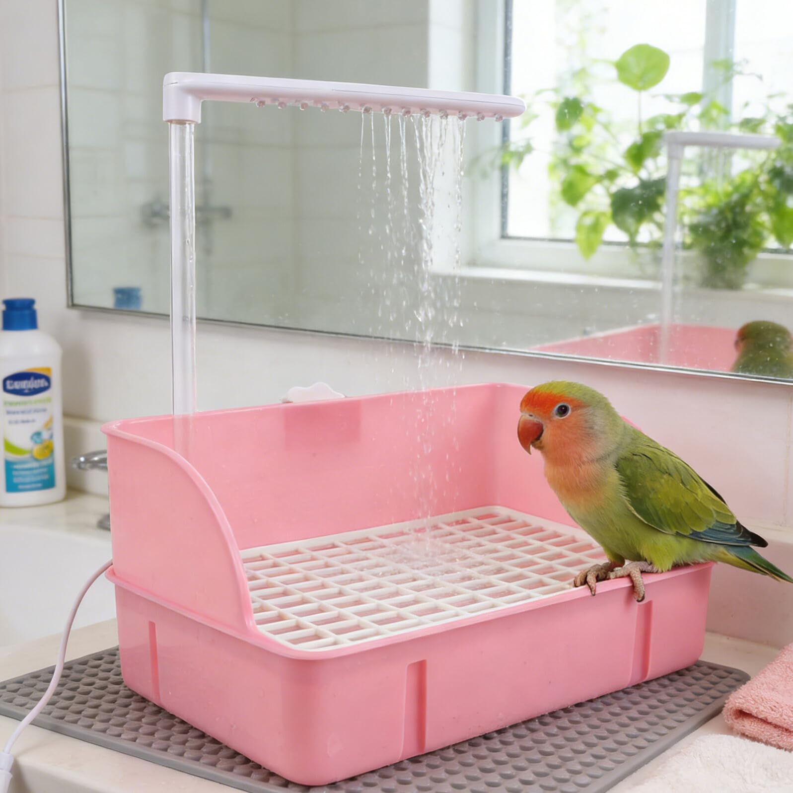 TOYANDONA Vasca da Bagno per Uccelli Pappagallo Rosa con Filtraggio e Circolazione Acqua, Box Doccia Silenzioso per Gabbie di Parrocchetti e Calopsitte, Accessorio per Piccoli Animali
