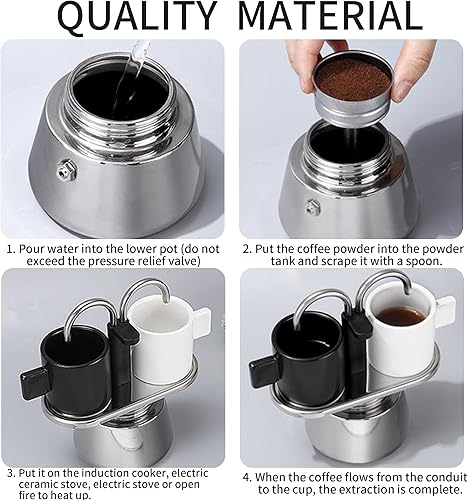 Miniatura 5 de Olla Moka de acero inoxidable, estufa de 2 tazas, máquina de café con doble boquilla, fácil de operar, hacer café rápidamente, olla moka de 3.5