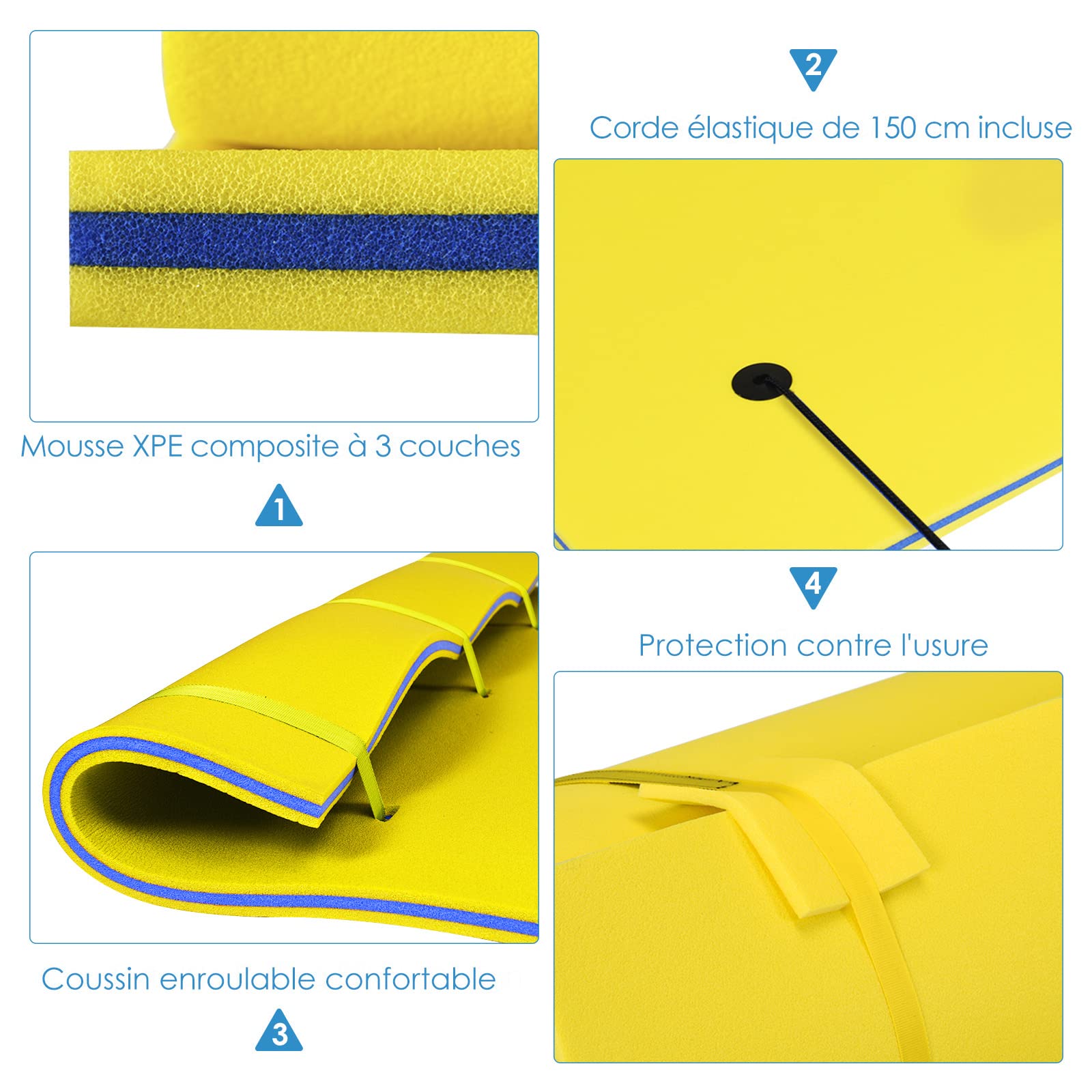 GOPLUS 270 x 180 cm Alfombra Flotante de Espuma XPE (Amarillo,270x180 cm) | Flotadores Grandes Playa para 3-5 Personas y 3 Capas, Carga 300 kg, Colchoneta Piscina para Adultos y Niño