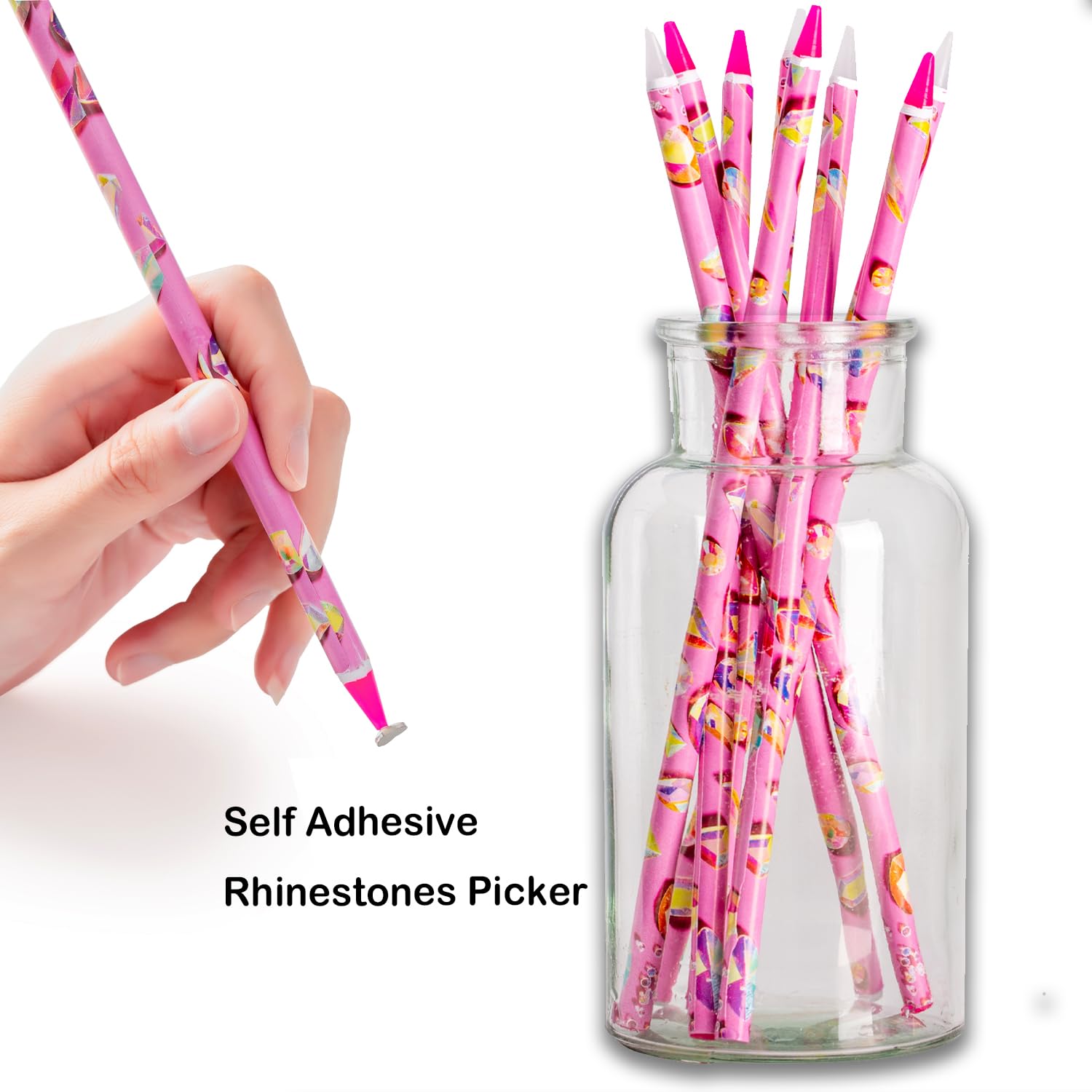 Haozher 8 Pcs Rhinestone Picker Tool Kit, Self-Adhesive Wax Pencil for Rhinestones and Diamond Painting, Gem Picker Tool Dotting Tools for Nail Art, 4 Wax Pen and 4 Rhinestone Trays rhinestone tools