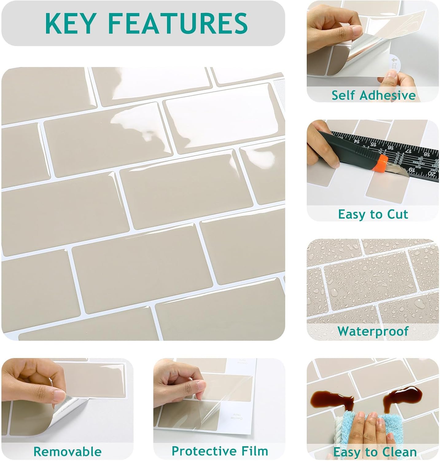VEELIKE 12 Sheets Pastel Beige Subway Peel and Stick Backsplash Tile Waterproof Back Splash Stick on Tiles for Kitchen 12''x12'' Self Adhesive Removable Peel and Stick Wall Tiles for Bathroom Shower