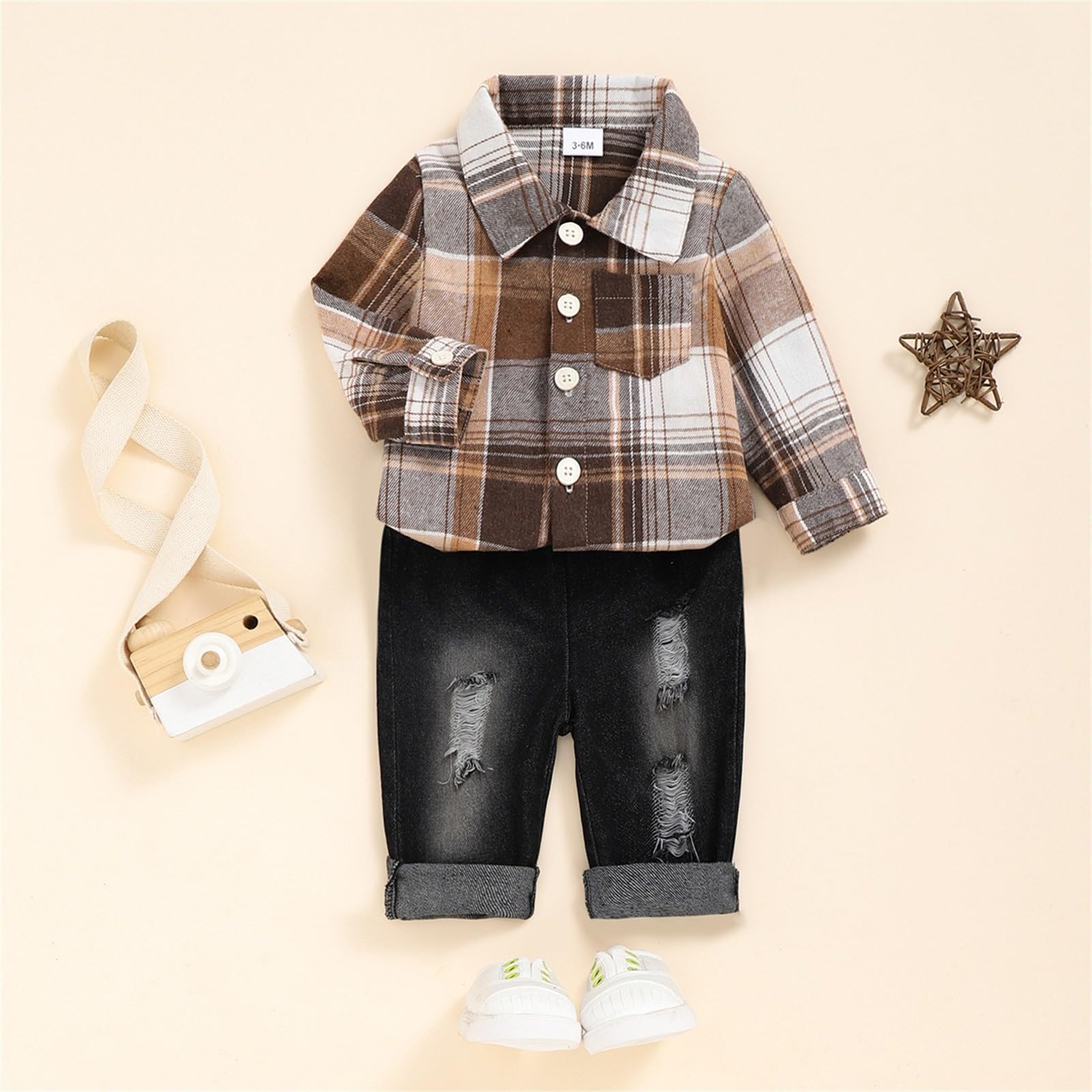 Toddler Kids Plaid Shirt Clothes Sets Long Sleeve Lapel Button Down T-Shirt & Wash Ripped Denim (Khaki, 3-6 Months)