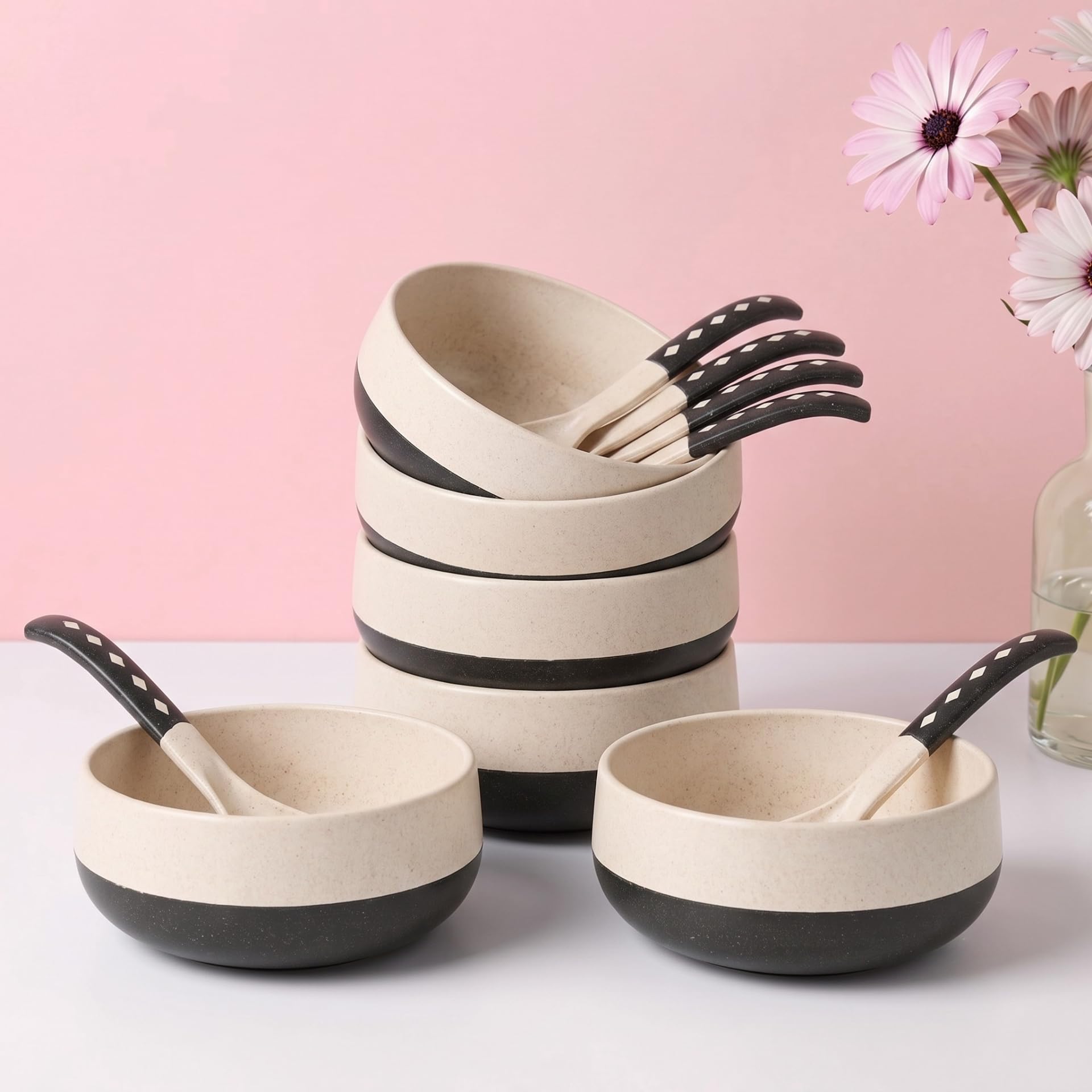 Eha Earth-Friendly Soup Bowls with Spoons Set of 6 | 250 ml | Made with Rice Husk Biocomposite | Microwave Safe Bowl | Serving Bowl Set | Charcoal