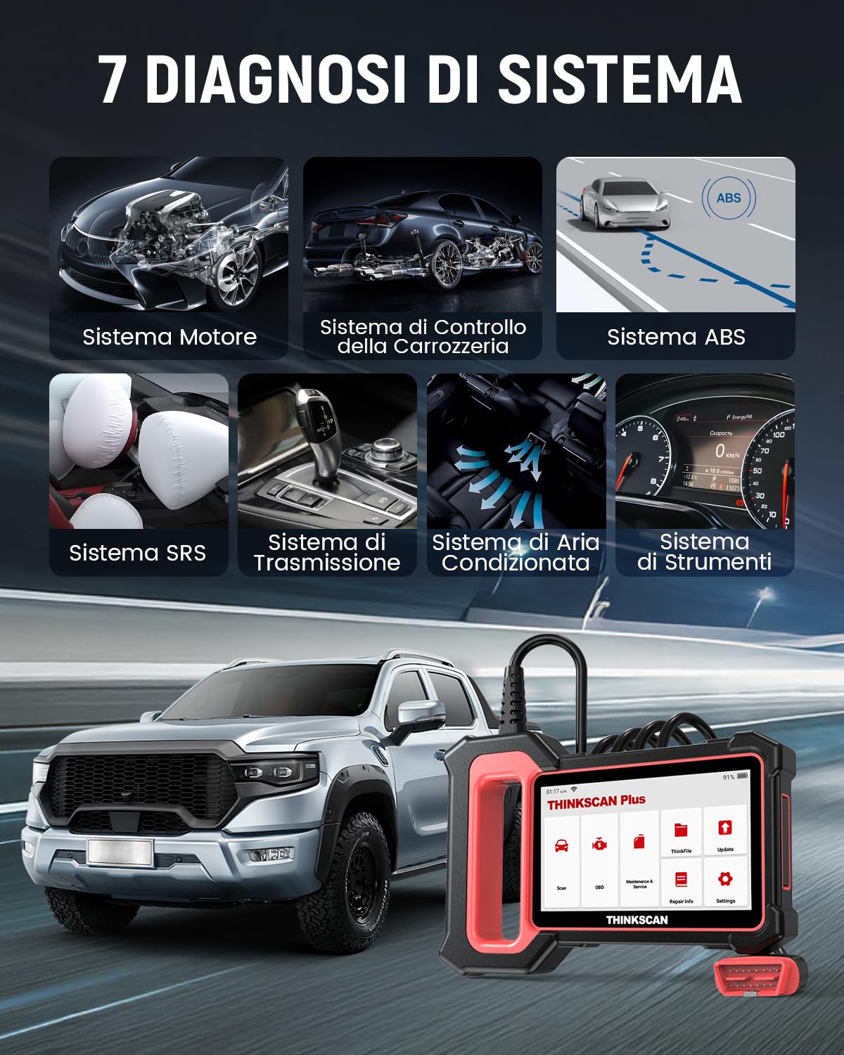 ThinkScan Plus S7 OBD2 Diagnostica Auto Diagnosi Auto in Italiano con Motore/TCM/ABS/SRS/BCM/AC/IC e 28 Servizi di Reset (5 Opzionali Gratuiti) Aggiornamento a Vita