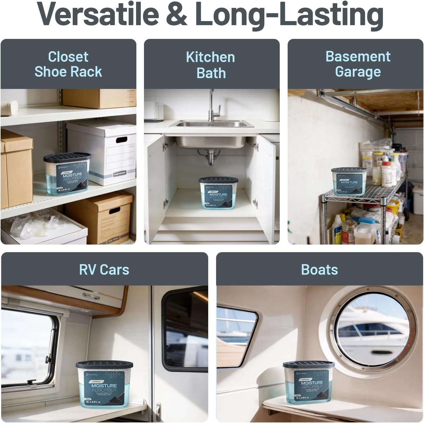 Premium Moisture Absorbers and Dehumidifier Tubs – High-Efficiency Closet Dehumidifier and Dehumidifier for Car, Odor Control Charcoal, 12 Pack, 7.5 Oz