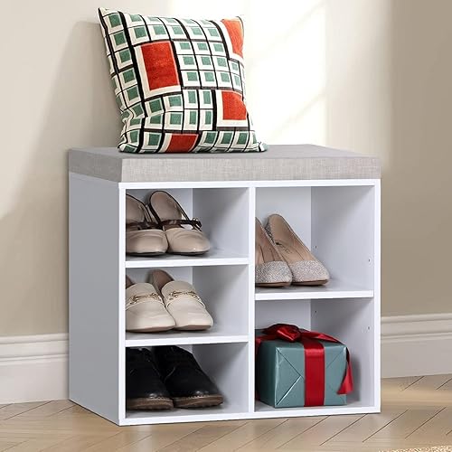 MFSTUDIO Banco de almacenamiento de zapatos, banco pequeño de entrada para zapatos con cojín de asiento y estantes ajustables, organizador
