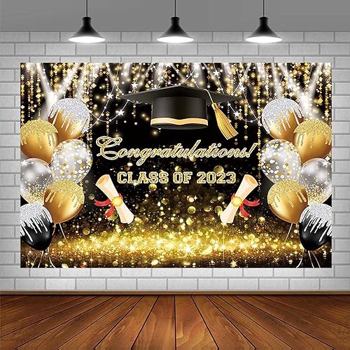 Miniatura 3 de Fondo de globo Bokeh con purpurina de 7 x 5 pies para la clase de 2023, color negro y dorado con purpurina Bokeh, felicitaciones por fiesta de