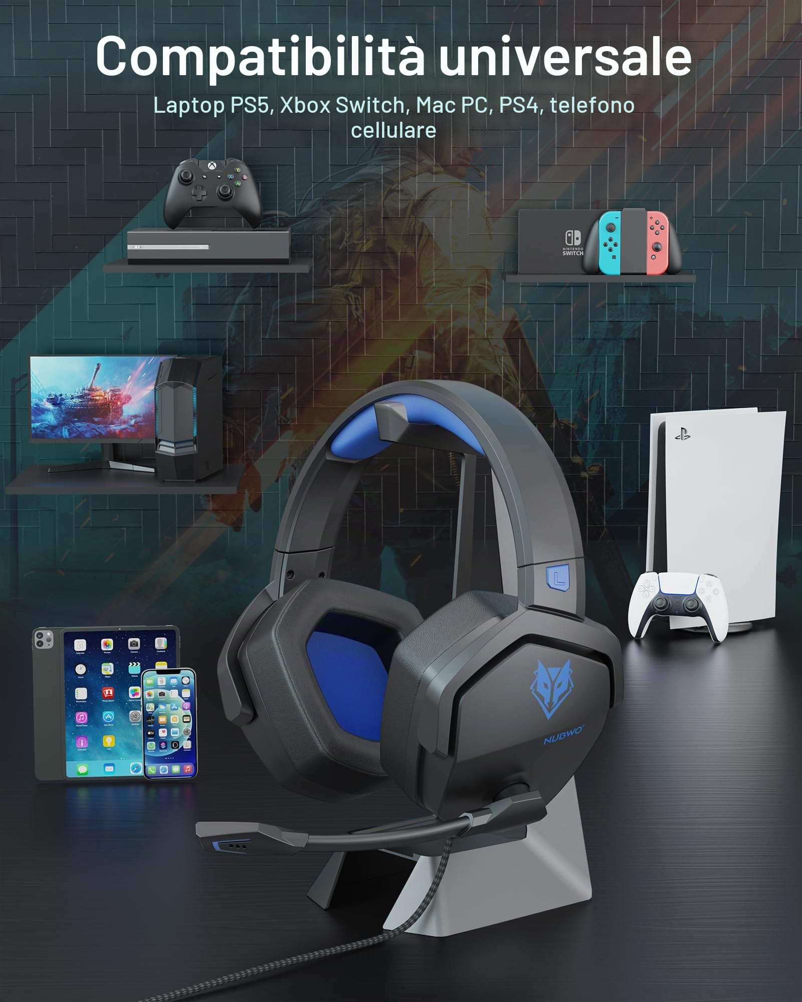 NUBWO Cuffie Gaming per PS4, PS5, PC, Xboxone, Cuffie con Microfono Over-Ear con Cancellazione del Rumore per Computer Portatili NS Games - Blue