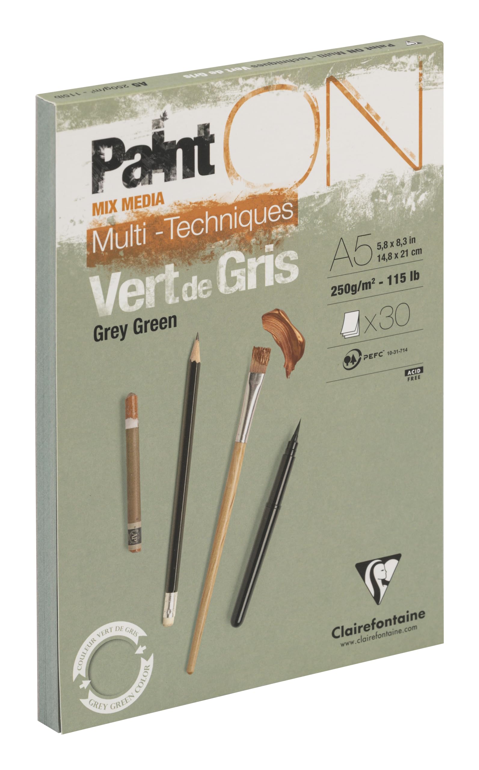 Clairefontaine - Ref 975704C - Paint'ON Multi-Technique Grey Green Glued Paper Pad (30 Sheets) - A5 Size, 250gsm Heavyweight Paper, Slight Rough Grain, Acid Free, pH Neutral