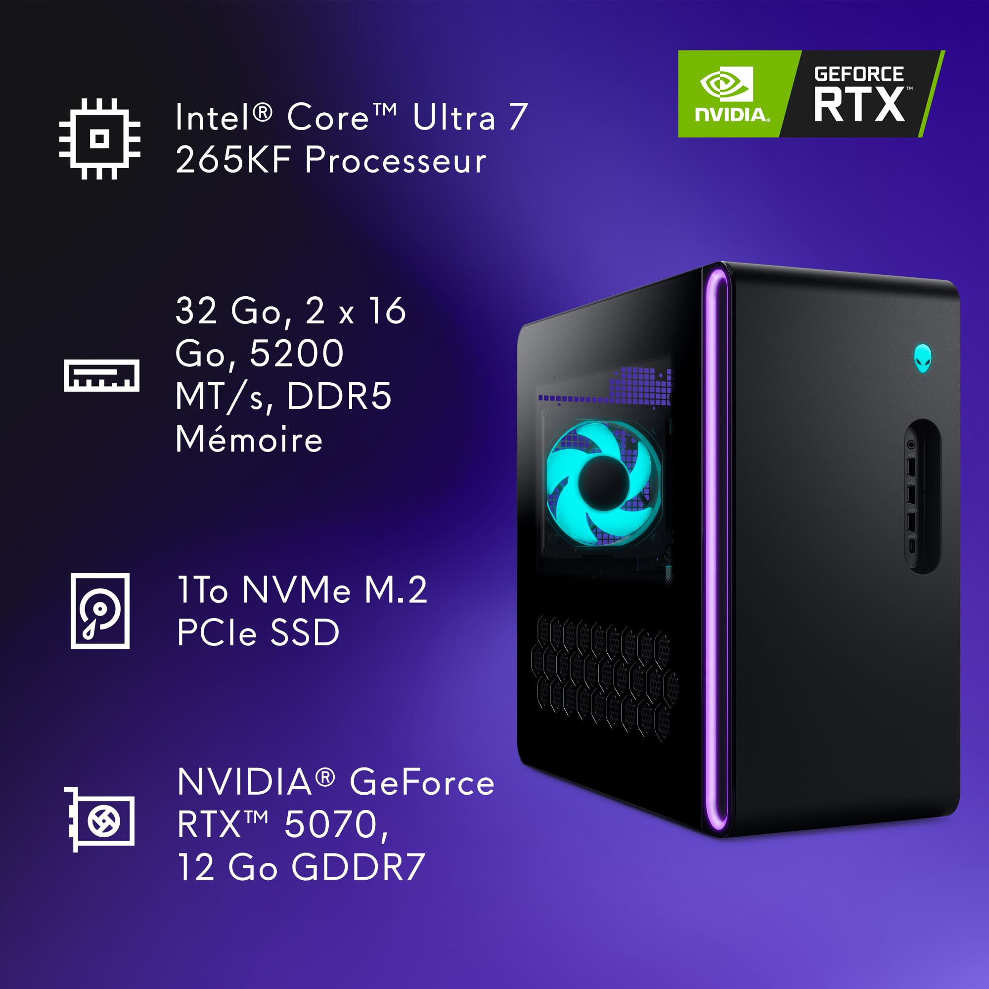Alienware Aurora Ordinateur de Bureau Gaming, Intel Core Ultra 7 265KF