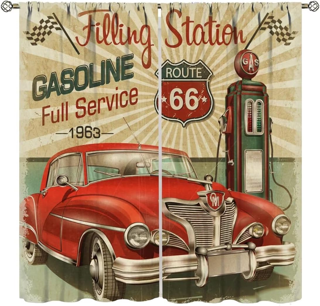 Vintage Car Curtains,Old Classic Car Theme American Retro Route 66 Window Treatment for Bedroom Living Room Kitchen Café Window Drapes 2 Panels Set,Total Size 84" x 84"