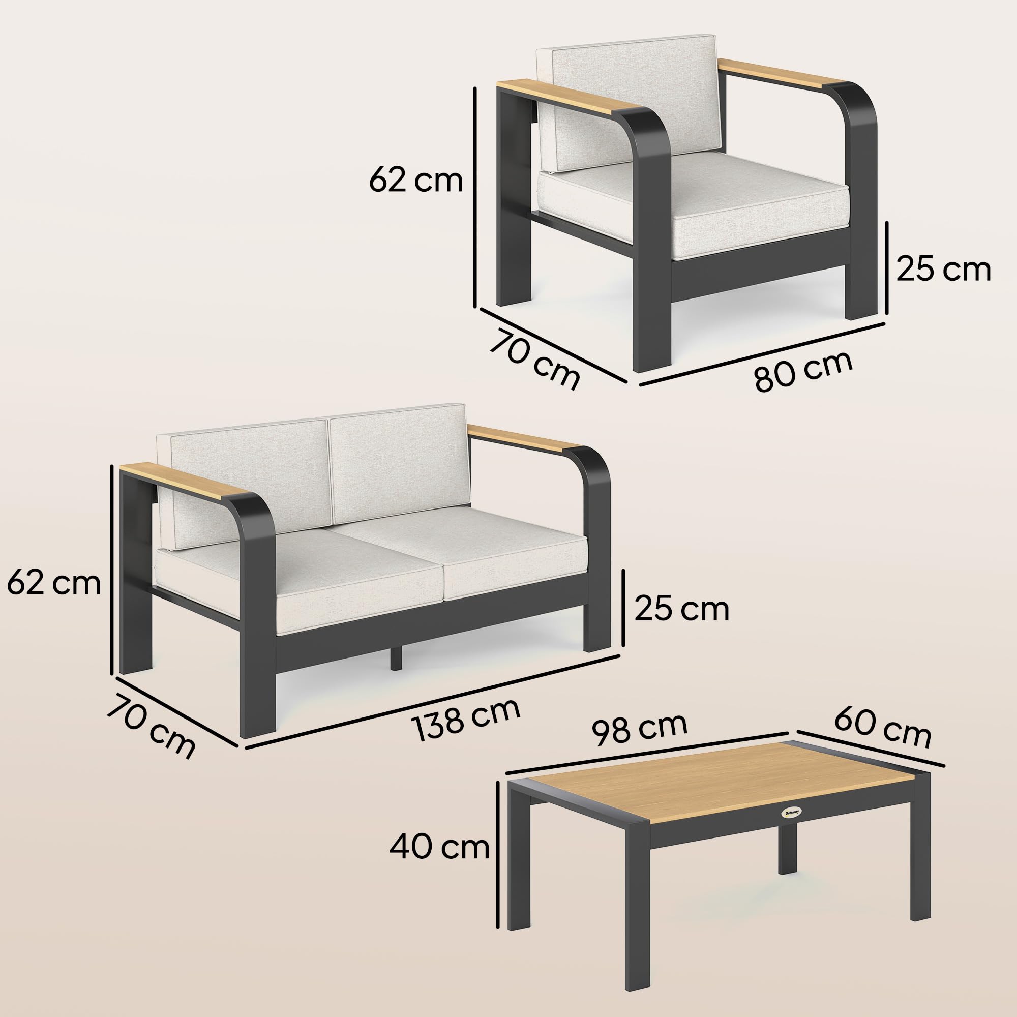 Outsunny Gartenmöbel Set Aluminium für 4 Personen Wasserabweisend Beige | Sitzgruppe, Extra Tiefe Gartenlounge Outdoor, 2er Sofa, 2 Sessel, Beistelltisch, Balkonmöbel, Terrassenmöbel
