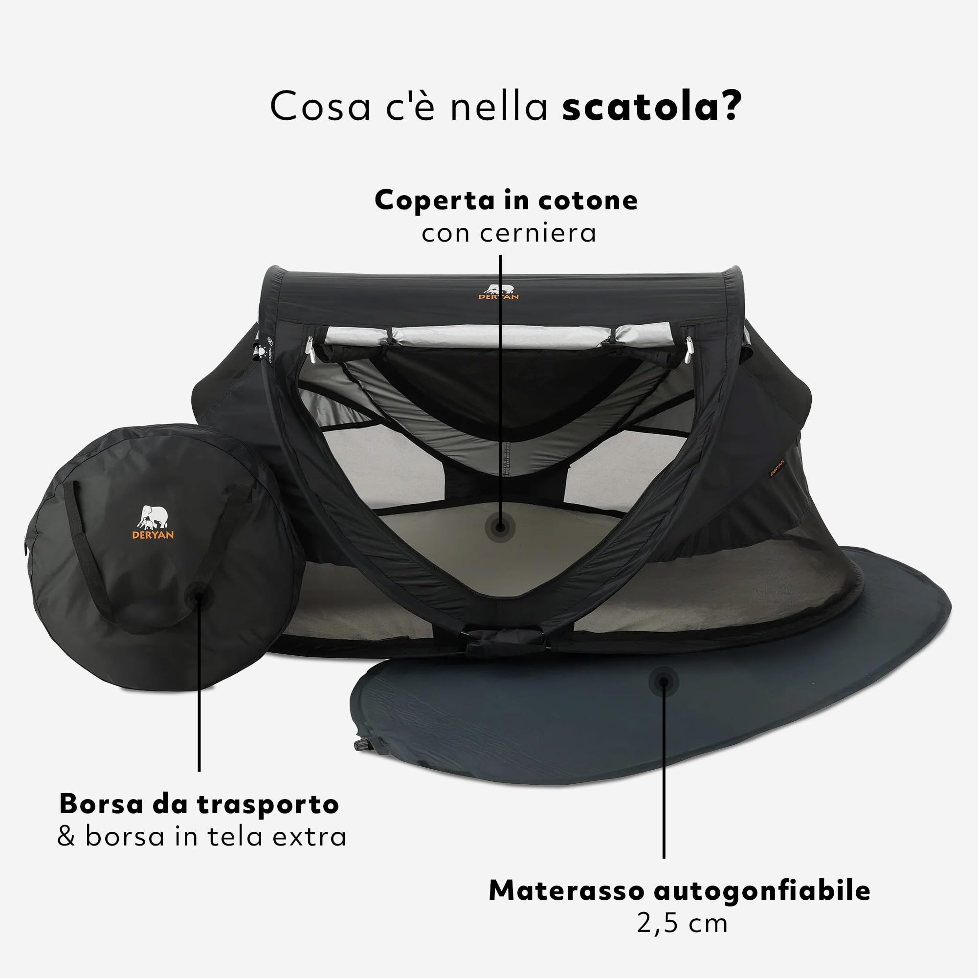 DERYAN Lettino da viaggio Peuter Luxe - Nero - Sistema pop-up - Set-up in soli 2 secondi - Copertura in cotone con cerniera, materasso ad aria autogonfiante e borsa per il trasporto