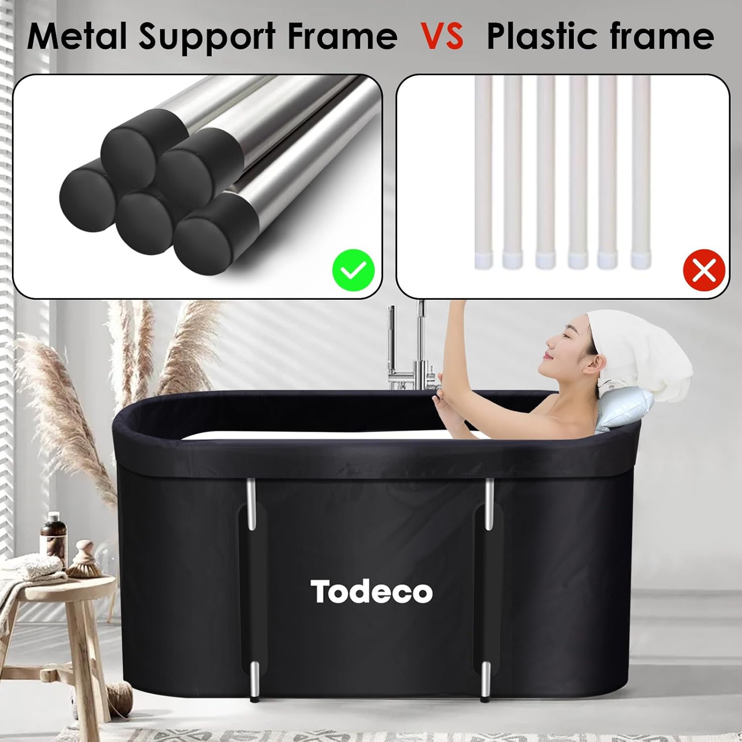 Todeco Foldable Adult Bathtub, Large Bath for SPA Portable Mobile for Shower, Folding SPA Bathtub for Small Bathroom, Freestanding Soaking Bathtub, 120 x 55 x 50 cm (Black)