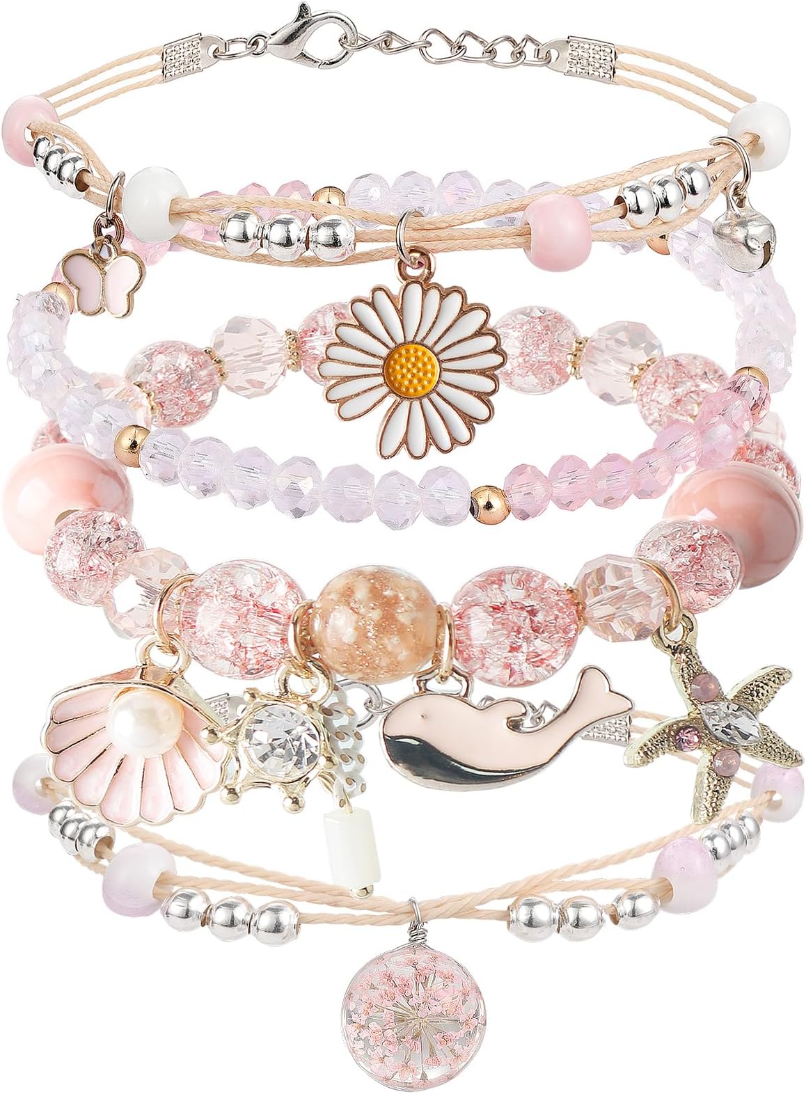 DS 4PCS Beaded Charm Bracelets for Teen Girls Dainty cute cartoon Crystal Beads Pearl Bracelets anklets set for woman and girls Adjustable Stretch bracelet birthday Gift For Friends