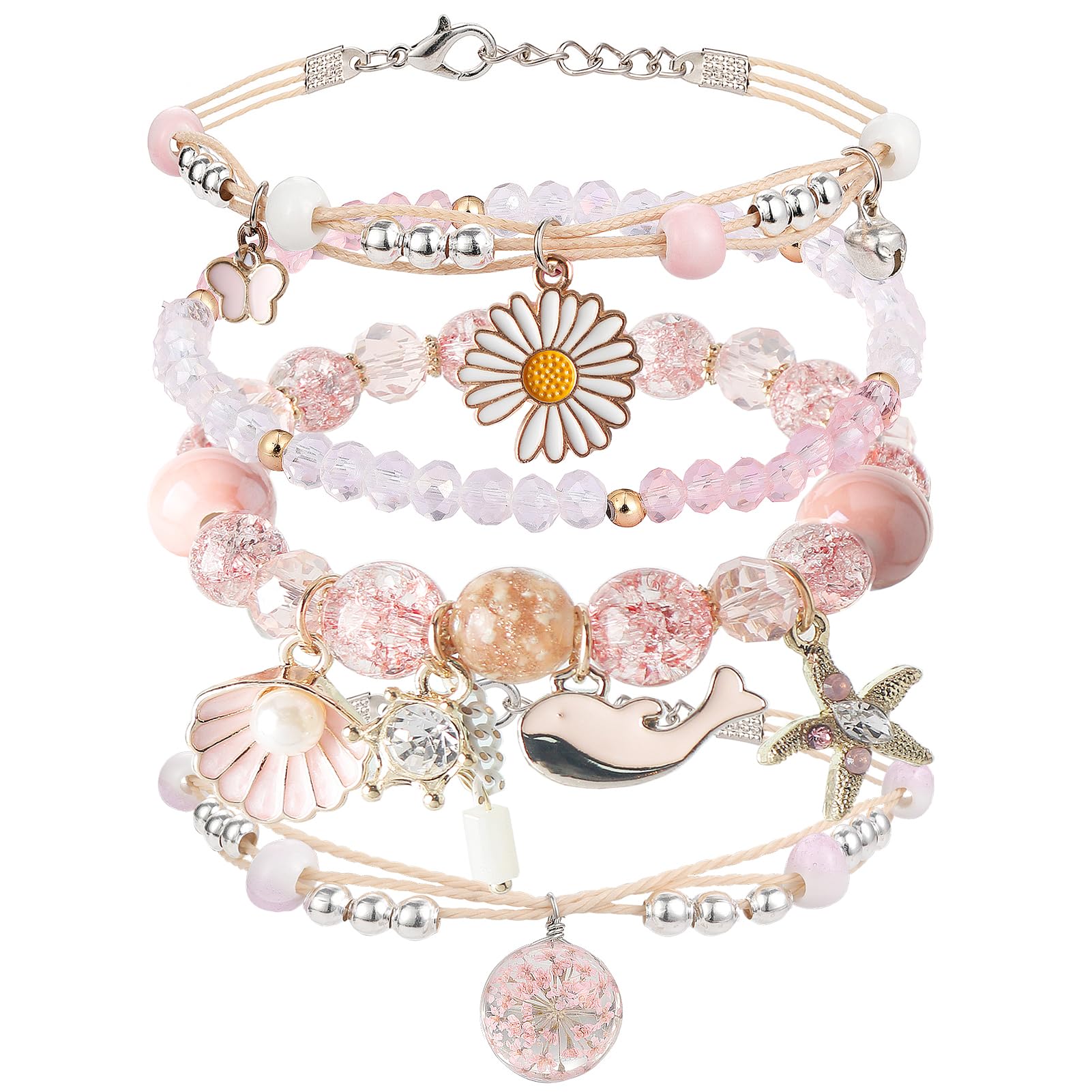 DS 4PCS Beaded Charm Bracelets for Teen Girls Dainty cute cartoon Crystal Beads Pearl Bracelets anklets set for woman and girls Adjustable Stretch bracelet birthday Gift For Friends