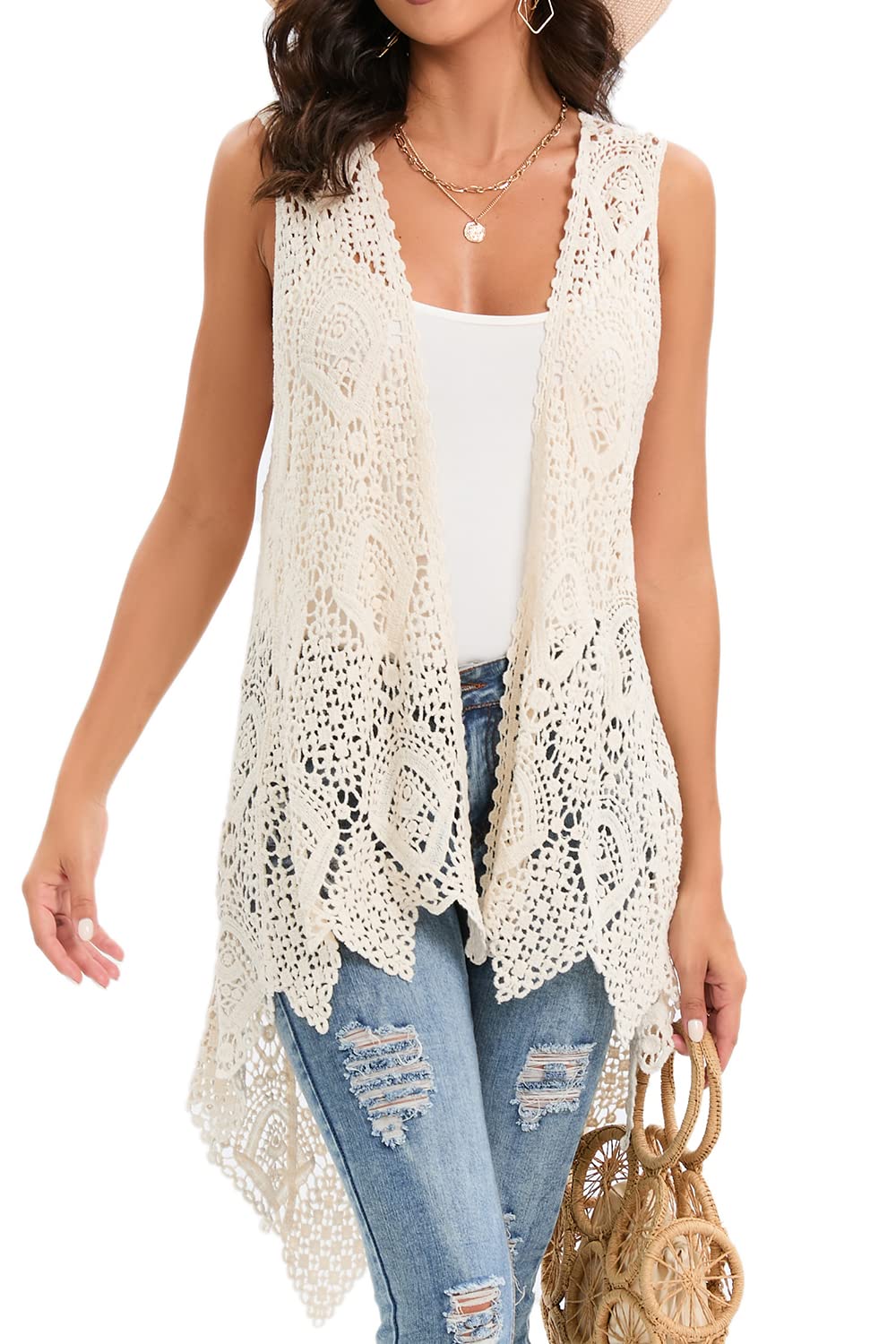 Womens Crochet Lace Vest Boho Sleeveless Kimono Irregular Hem Cardigan