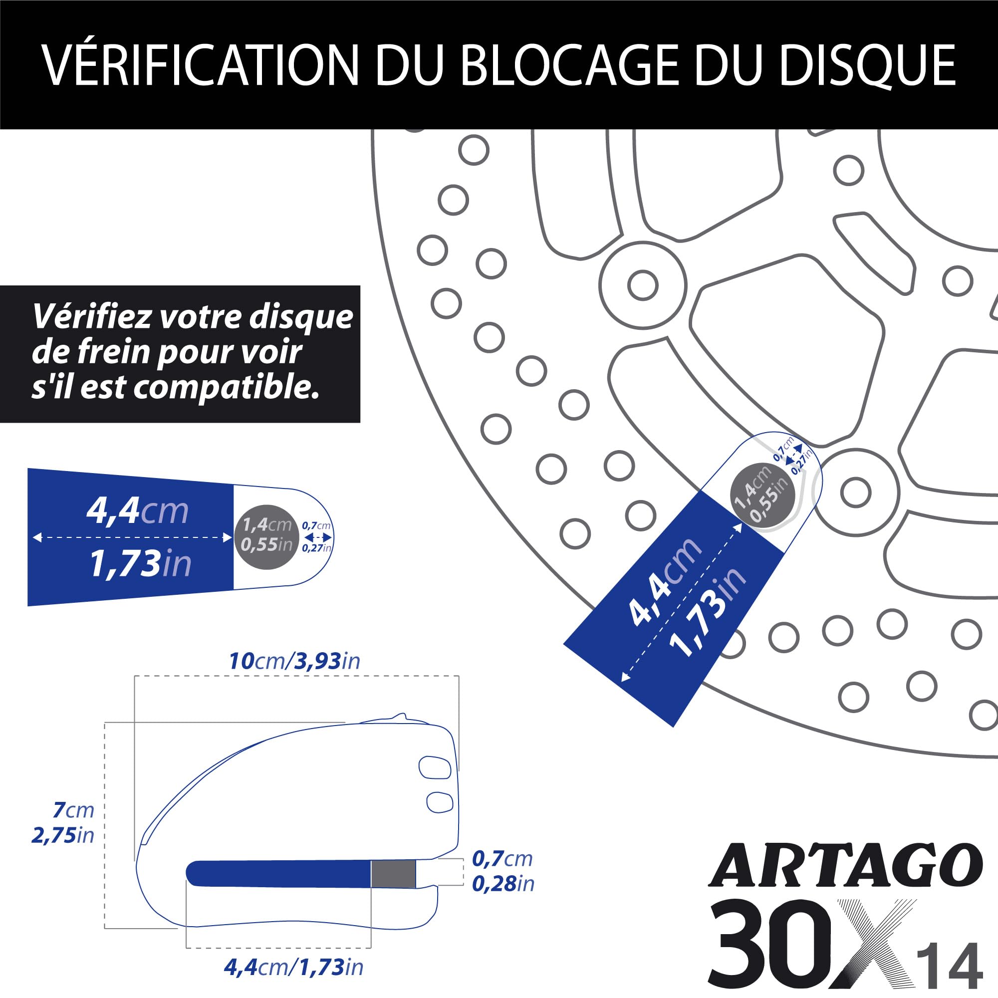 ARTAGO 30X14 Antivol Moto Haut de Gamme, Bloque Disque avec Alarme Intelligente Don't Touch 120dB LED, Homologué SRA & Sold Secure Gold, Blindage Anti-Perçage 5mm, Bloc Endurci Double Verrouillage Ø14