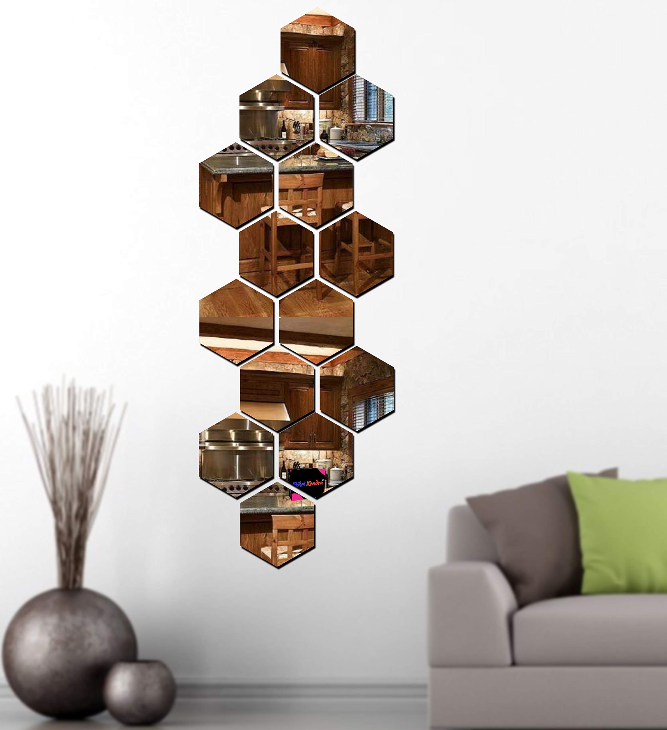 Bikri Kendra - 24 Hexagon Brown Decorative Mirror Stickers for Wall, Acrylic Wall Decor Sticker, Hexagonal Mirror Wall Sticker, 1