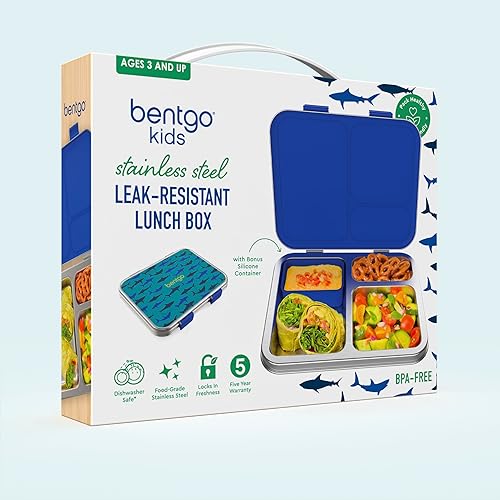 Miniatura 9 de Bentgo Lonchera de acero inoxidable para niños, resistente a las fugas, 3 compartimentos con recipiente de silicona adicional, duradera, ecológica,