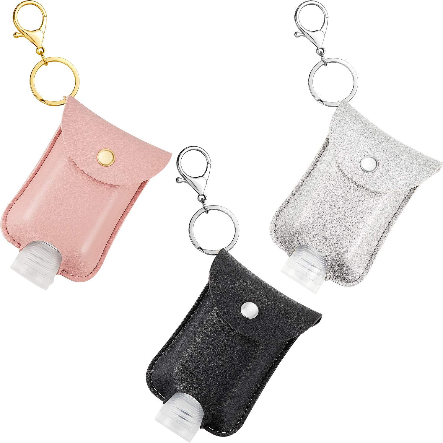 3 Pieces Travel Bottle Keychain Holders with 2 oz/ 60 ml Empty Refillable Flip Cap Bottles Clear Leakproof Keychain Bottles Portable Containers for Soap, Lotion, Liquids (Black, Silver and Pink)