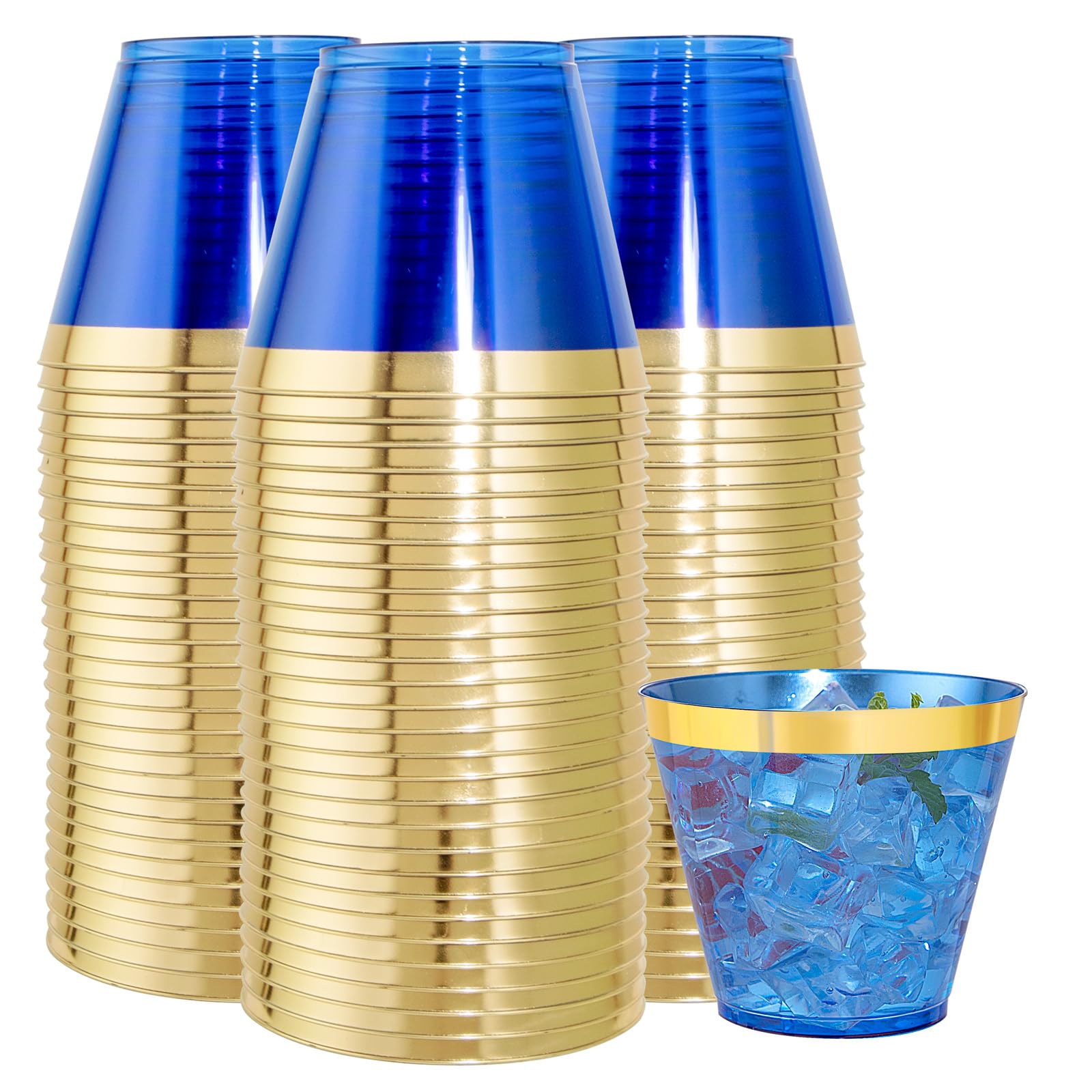 Nervure240 PCS Blue Plastic Cups - 9Oz Gold Rimmed Heavy Duty Disposable with Rim Perfect for Weddings, Receptions & Parties, 9oz-240PCS, EC02