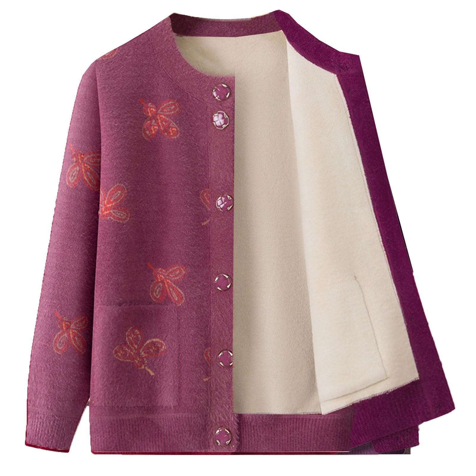 Middle-Aged And Elderly Womens Fleece Cardigan Jacket Button Down Flannel Sweaters Soft Casual Long Sleeve Warm Winter Coat