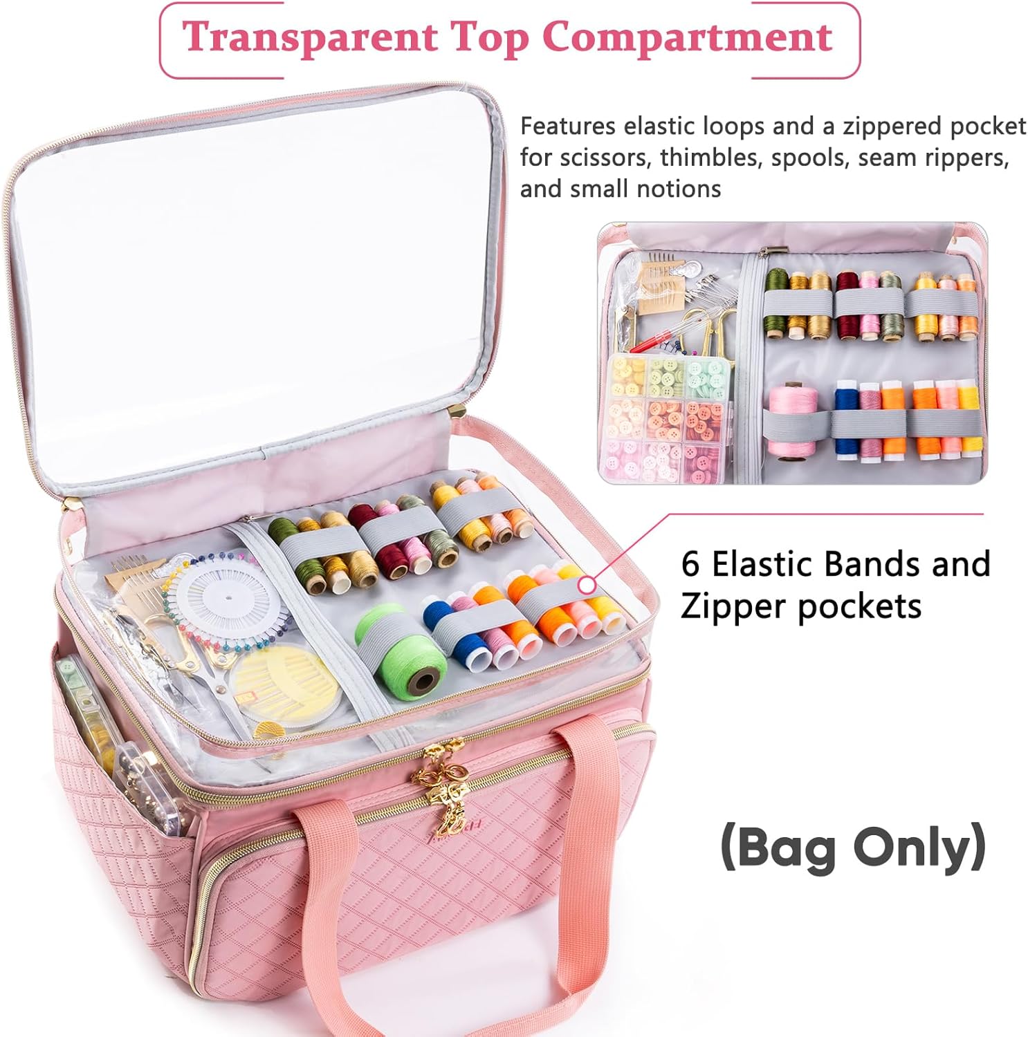AMOIGEE Double-Layer Sewing Storage Organizer with Transparent Top, Large Sewing Bag with Detachable Divider for Sewing Supplies & Accessories (Bag Only)
