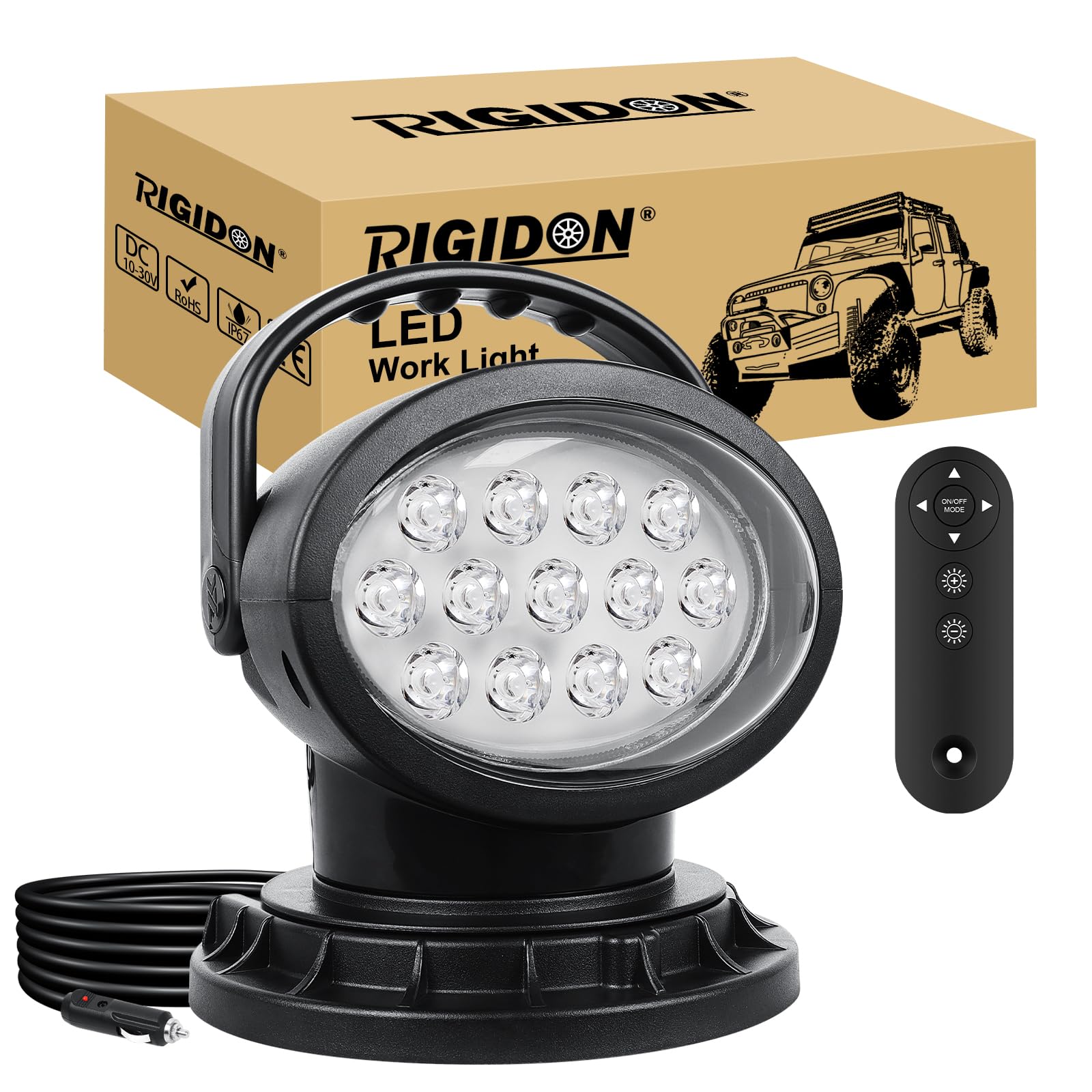 RIGIDON 38W 3800LM Lámpara trabajo led portatil, Estroboscópica control Remoto Rotatorio 360° faros con imán, Focos led exterior para off road camión coche 4x4 Bote, Spotlight, Luz de Búsqueda