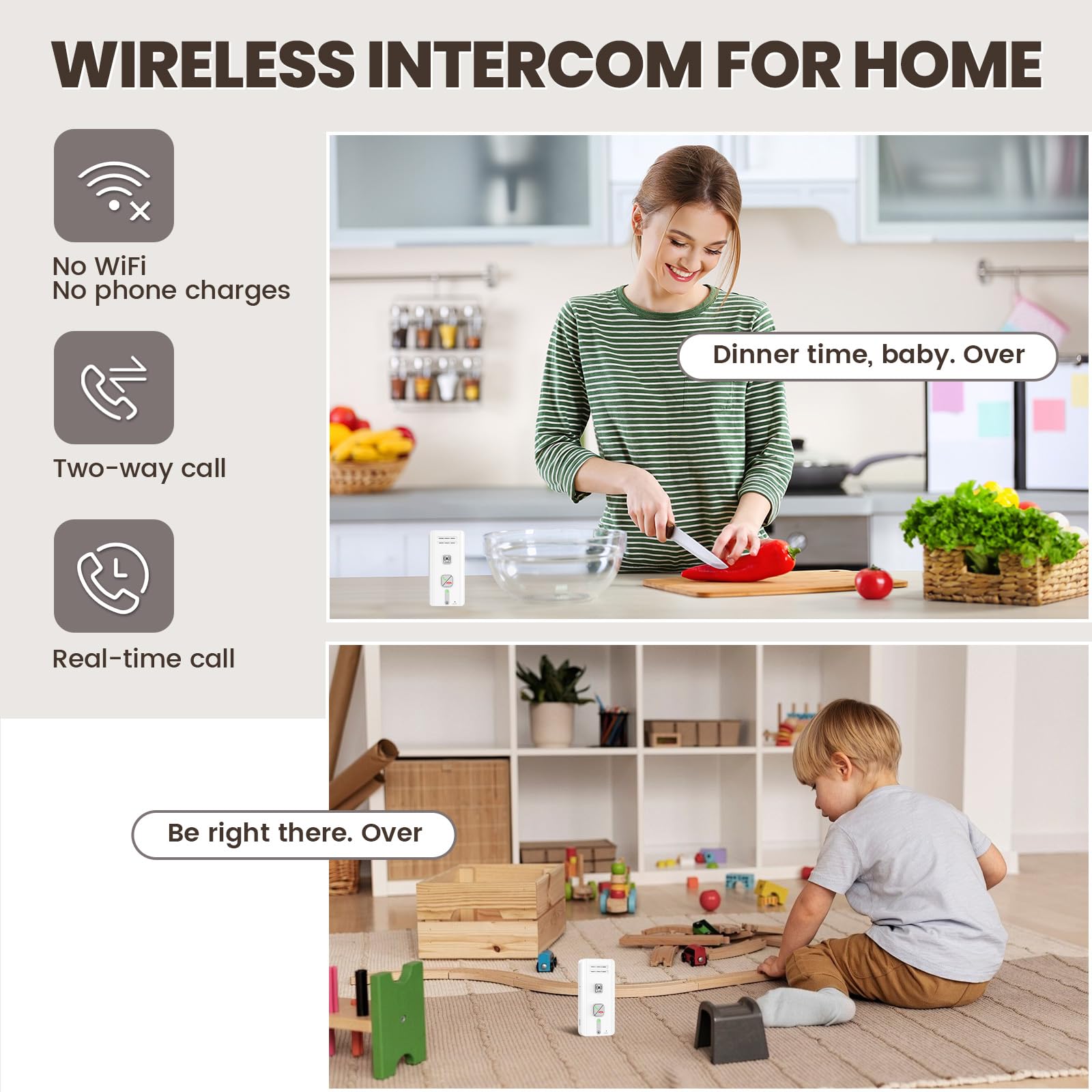 Gegensprechanlage Funk Kabellos, 2-Wege-Gegensprechanlage, Kabelloses Intercom-System für Zuhause, 500M Reichweite, SOS Alarm, Senioren Notruf, Echtzeit-Kommunikation (Weiß)