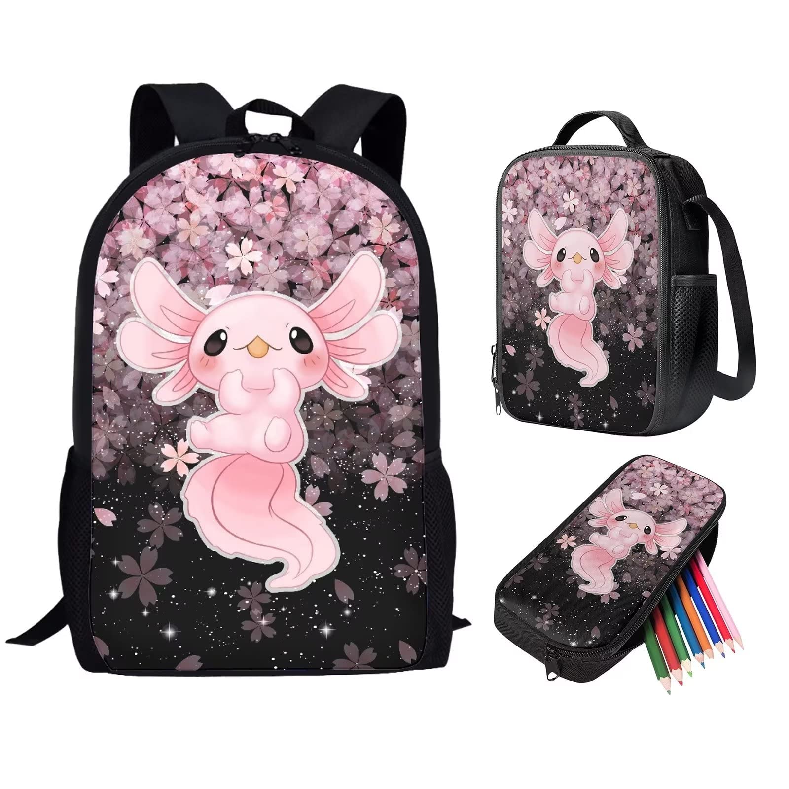 ZFRXIGN Sakura Axolotl Kids Backpacks Girls Bookbags with Insulated Lunch Bag Pen Case Daypack for Child Outdoor Sports Travel Pink Cherry Blossom