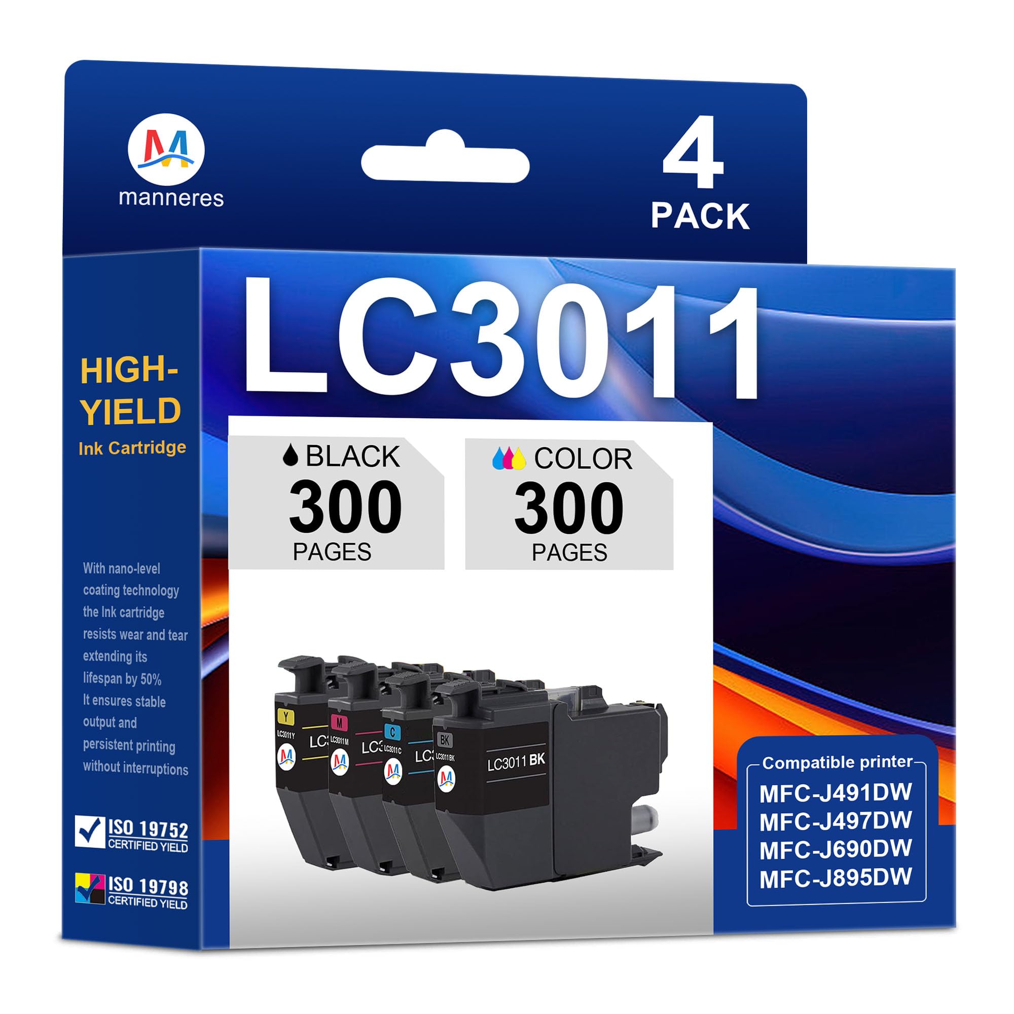 Photo 1 of MANNERES LC3011 Ink Cartridges 4 Pack Compatible for Brother LC3011 LC3013 for MFC-J497DW MFC-J491DW MFC-J895DW MFC-J690DW Printer, Black/Cyan/Magenta/Yellow