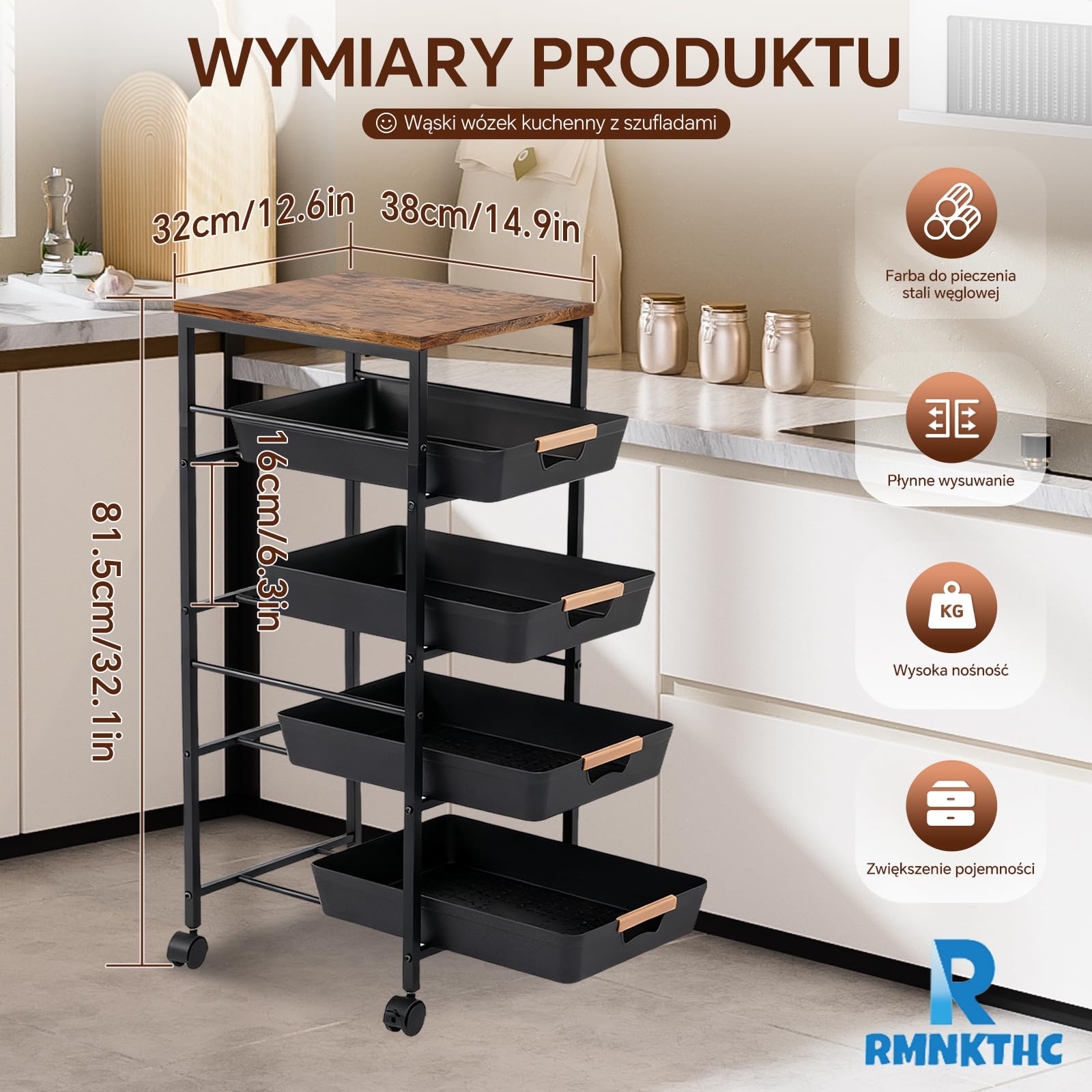 Wózek kuchenny z 5 poziomami i 4 szufladami, kółka 360° z 2 hamulcami, z drewnianą płytą i wentylowanymi koszami, do przechowywania owoców, warzyw, kuchenki mikrofalowej w kuchni i salonie (32