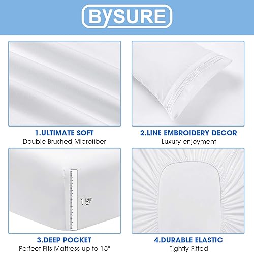Miniatura 4 de BYSURE Juego de sábanas de hotel de 6 piezas (tamaño matrimonial, azul aguamarina), juego de sábanas de microfibra de 15 pulgadas con fundas de