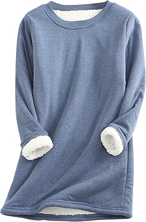 Womens Winter Soft Sherpa Fleece Lined Pullover Crewneck Solid Color Sweatshirt