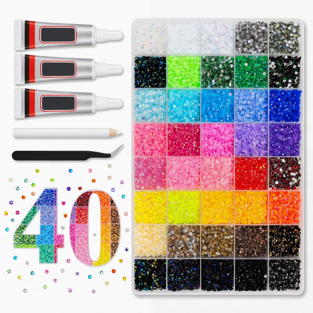 Strass Unghie da 3mm, 32000 Pezzi Brillantini Unghie, 40 Colori | Piatti Strass per Nail Art, con Penna e Pinzette, Adatti per Bricolage, Nail Art, Vestiti e Pittura Facciale