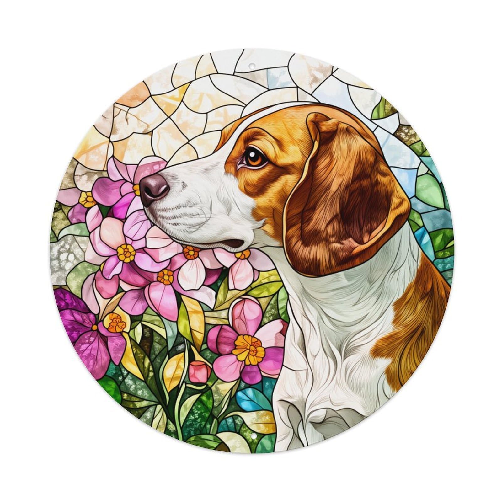 Stained Glass Dog Floral Art Round Tin Sign Vintage Metal Sign Home Bar Garden Indoor & Outdoor Wall Decor Retro Metal Poster 8x8 Inch
