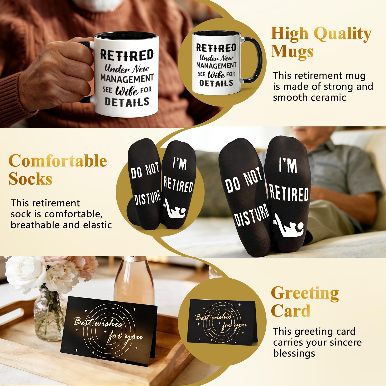 Cabtnca 8 Pcs Retirement Gifts for Men Funny Retirement Gift for Men 2026, for Coworker Dad Boss Grandpa Teachers, Includes Mug Hat Candle Socks Dice Pen Greeting Card, Retired Gifts for Man
