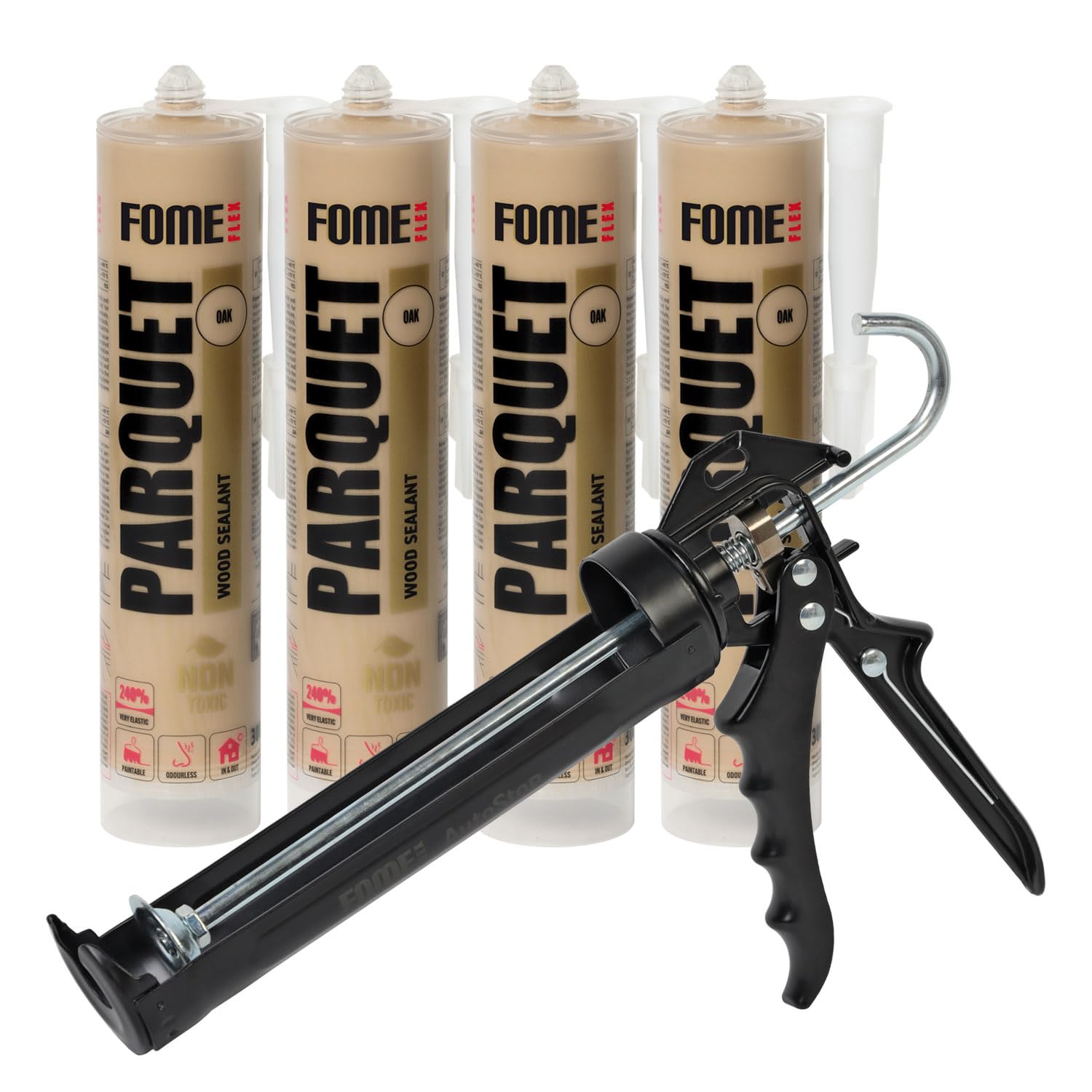4x Parkett-Fugenfüller Eiche + Kartuschenpistole – Acryl Dichtstoff für Holz, Parkett und Laminat, überstreichbar mit 2000N Pistole