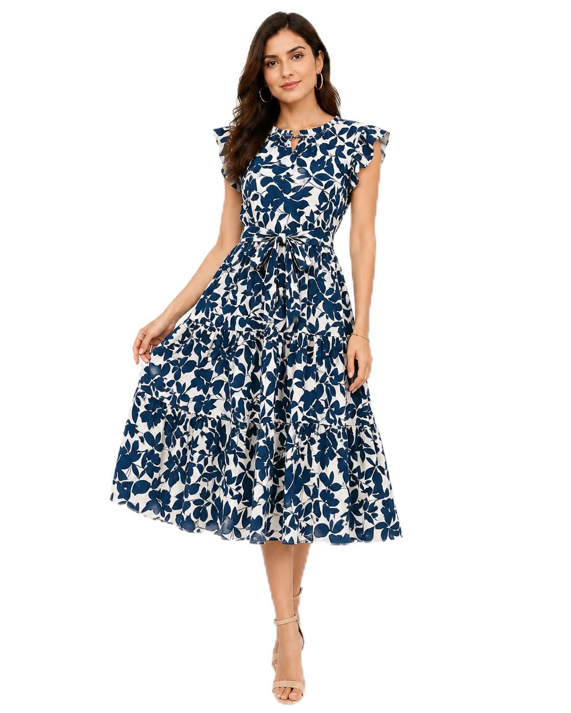 monrav Women’s Navy Blue & White Floral Printed Tiered Midi Dress with Waist Tie-Up Belt-picture-48