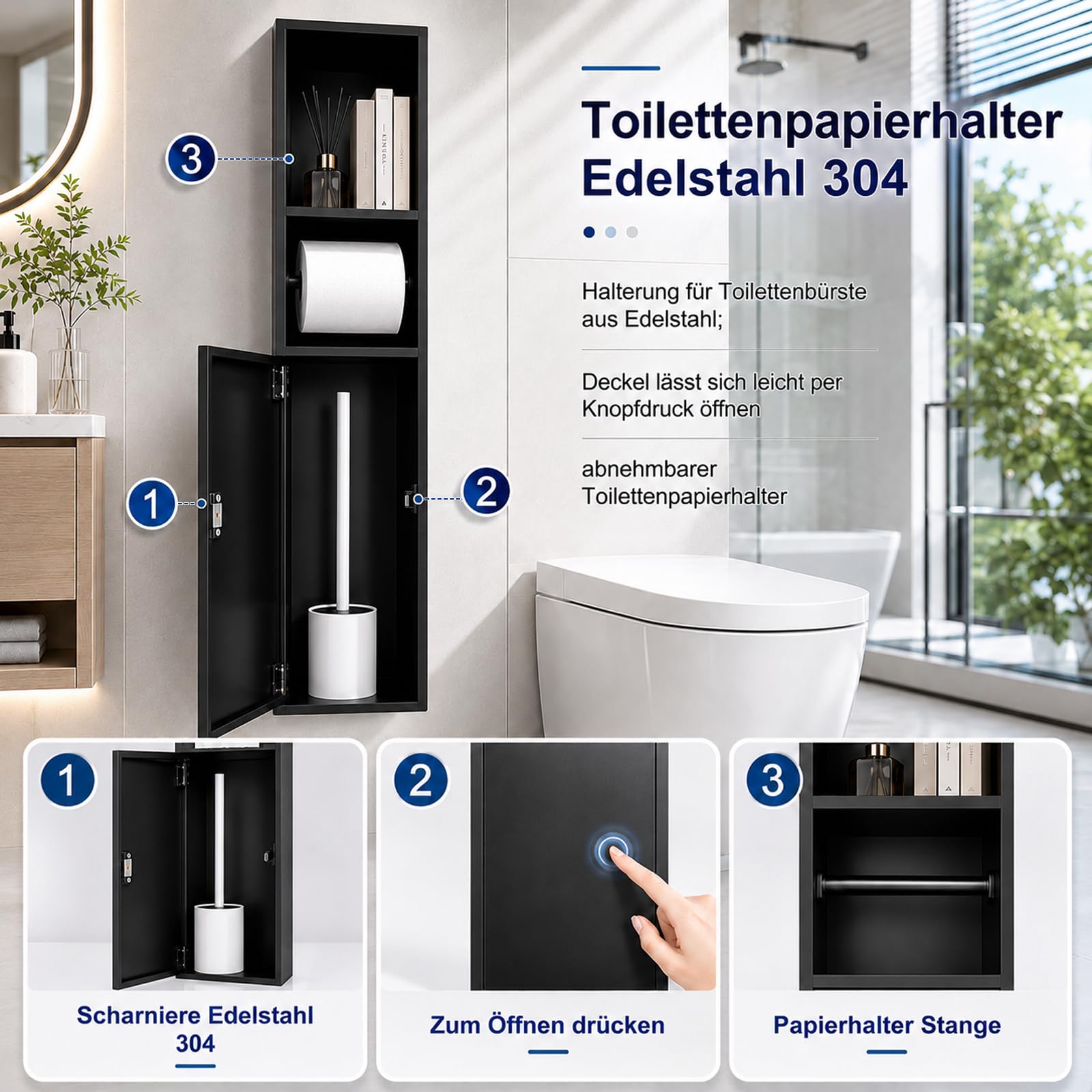 Unterputz Toilettenpapierhalter Edelstahl mit Klobürstengarnitur | 80 x 18 x 12,5 cm Badezimmerschrank mit Toilettenpapierhalter, und Badezimmer-Schrankfunktion, Matt Schwarz
