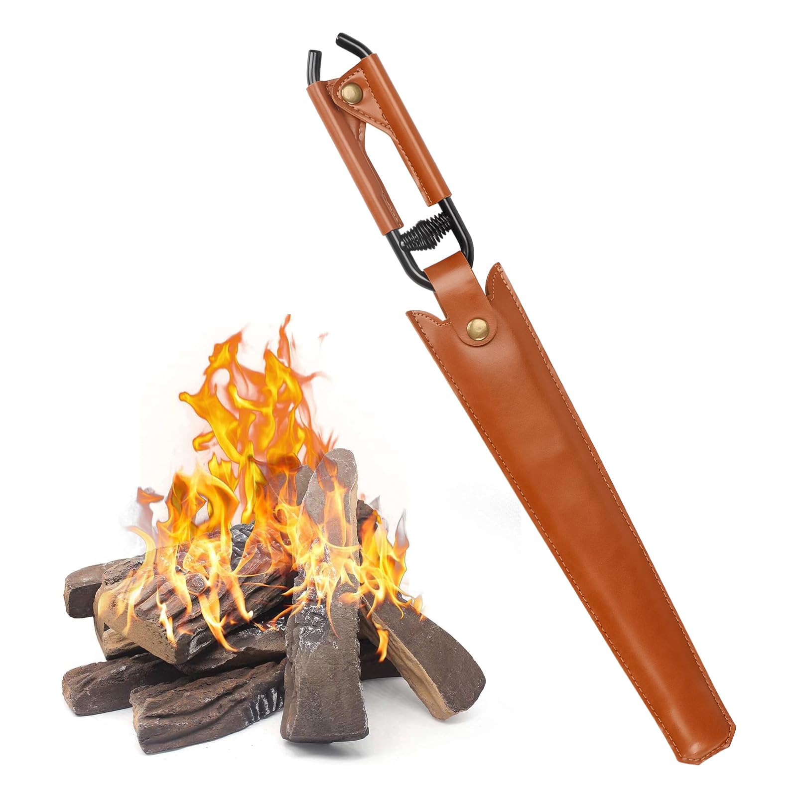 55cm Kaminzange, Schwerlast Kaminzange für Holz Feuerzange Lang Kohlenstoffstahl Kaminholz Zange Hitzebeständiger Kohlenzange Kamin Brennholz Zange mit Lederbezug, für Lagerfeuer, Grill, Kaminöfen